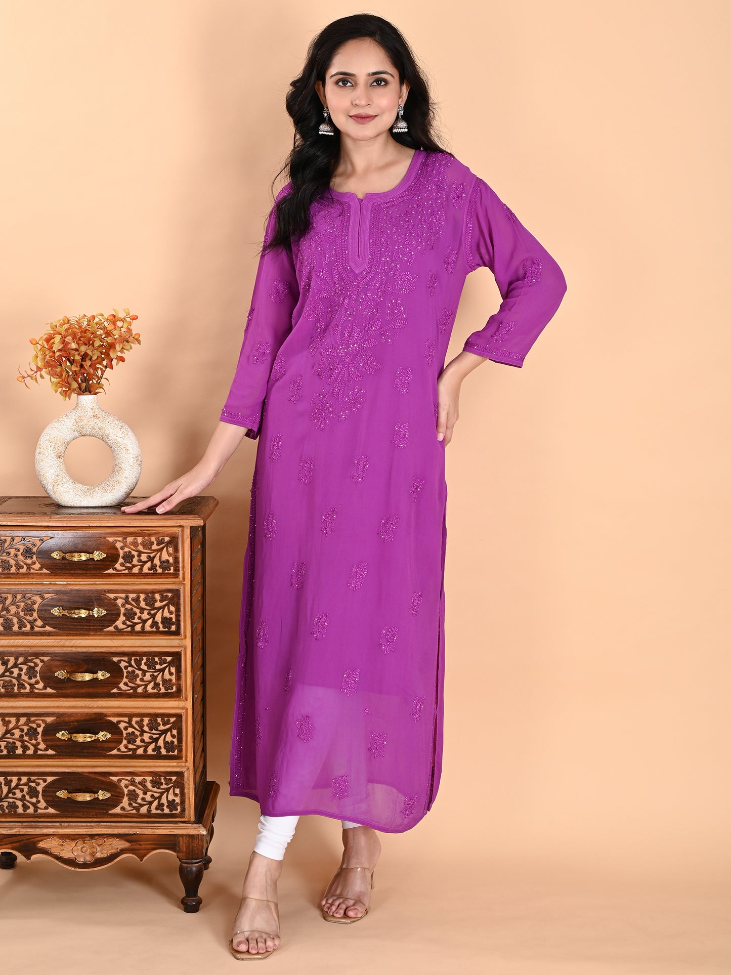 Purple Viscose Georgette Lucknowi Chikankari Long Kurta for Women with Inner, Hand Embroidery, Mukaish & Resham Thread Work – Ethnic Wear Kurti