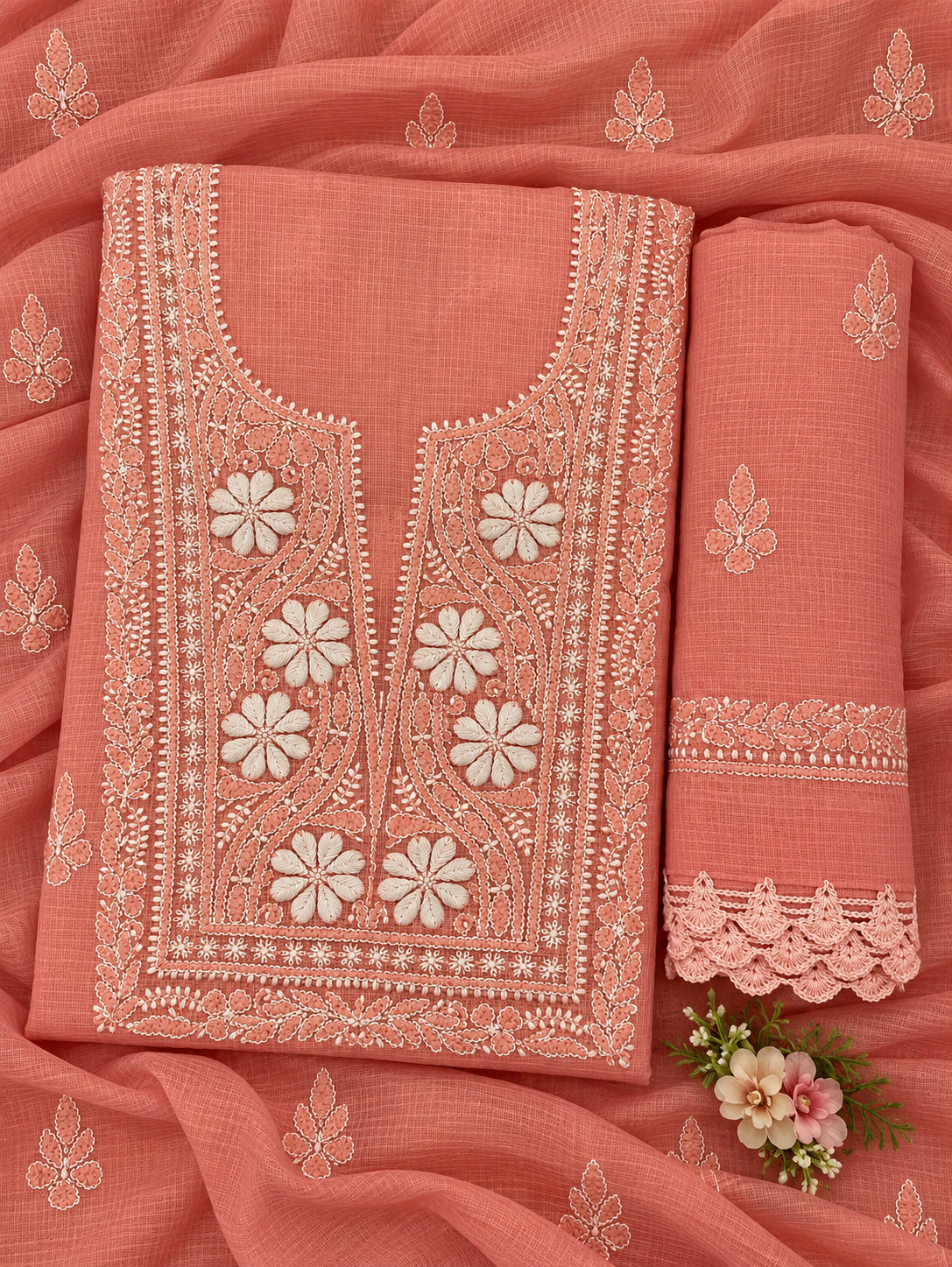 Women's Peach Kota Cotton Unstitched 2 Piece Suit Dress Material with Dupatta | Lucknowi Chikankari Hand Embroidery, Glass Gala Neck Design, All Over Work | Pooja Wedding Festive