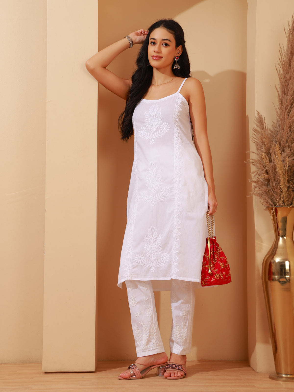 Nazaira Women's Cotton Lucknow Chikankari Long Spaghetti Style Sleeveless Kurta with Pant Set | White Hand Embroidered Ethnic Wear | Handmade Handwork Kurti Set
