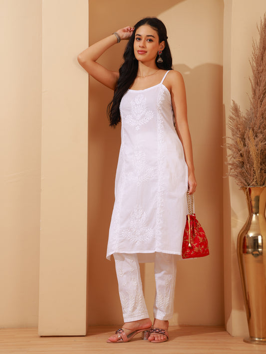Nazaira Women's Cotton Lucknow Chikankari Long Spaghetti Style Sleeveless Kurta with Pant Set | White Hand Embroidered Ethnic Wear | Handmade Handwork Kurti Set