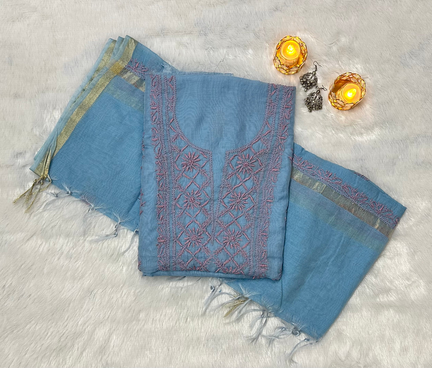 Pure Mul Chanderi Lucknowi Chikankari Unstitched Suit for Women with Dupatta – Hand Embroidered Ethnic Dress Material (2 Piece Set) - Sky Blue