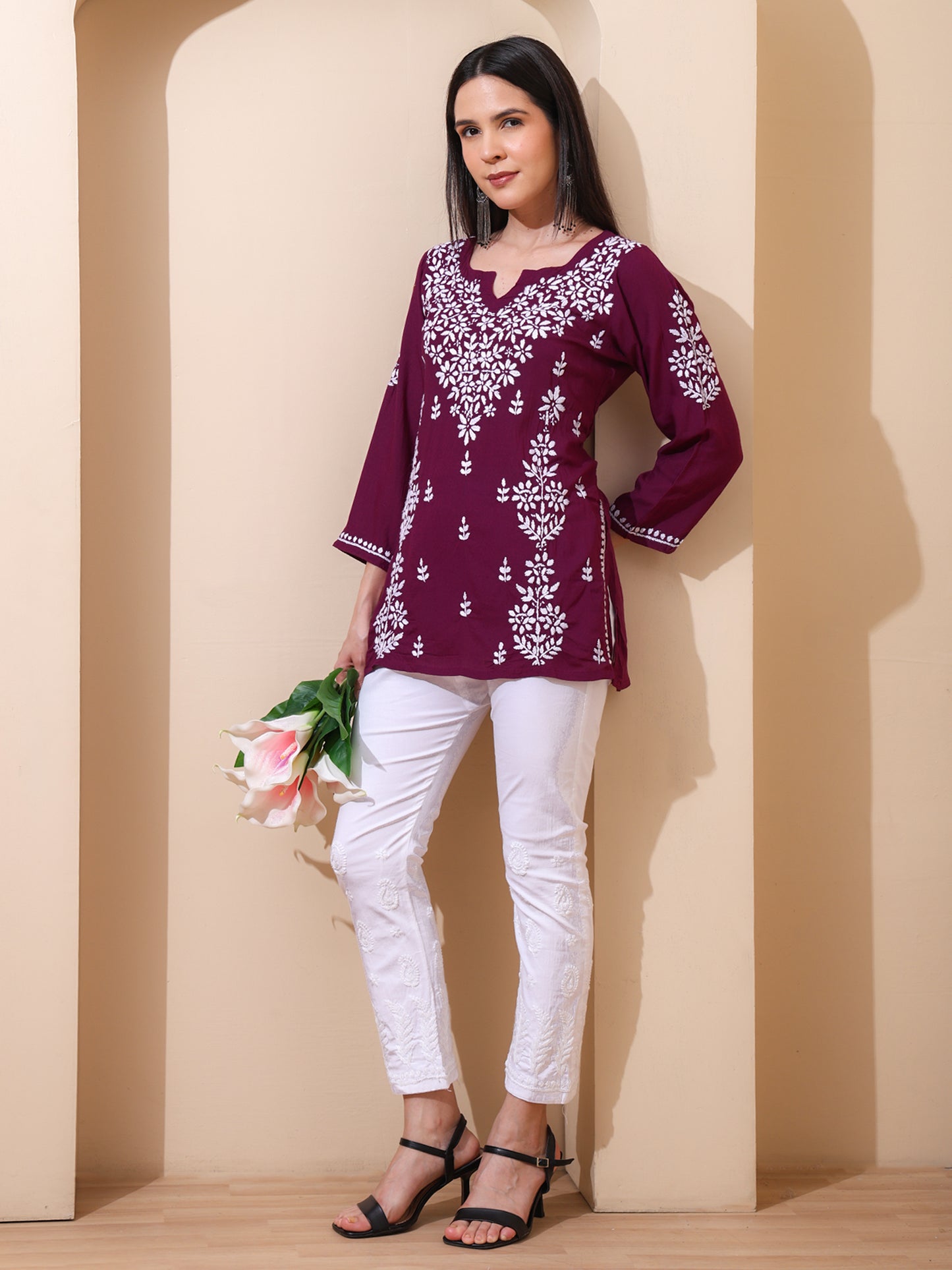 Nazaira Women’s Modal Lucknow Chikankari Short Kurta | Hand Embroidered Luckhnawi Kurti for Women | Ethnic Wear Tunic Top with Panel Work | Wine