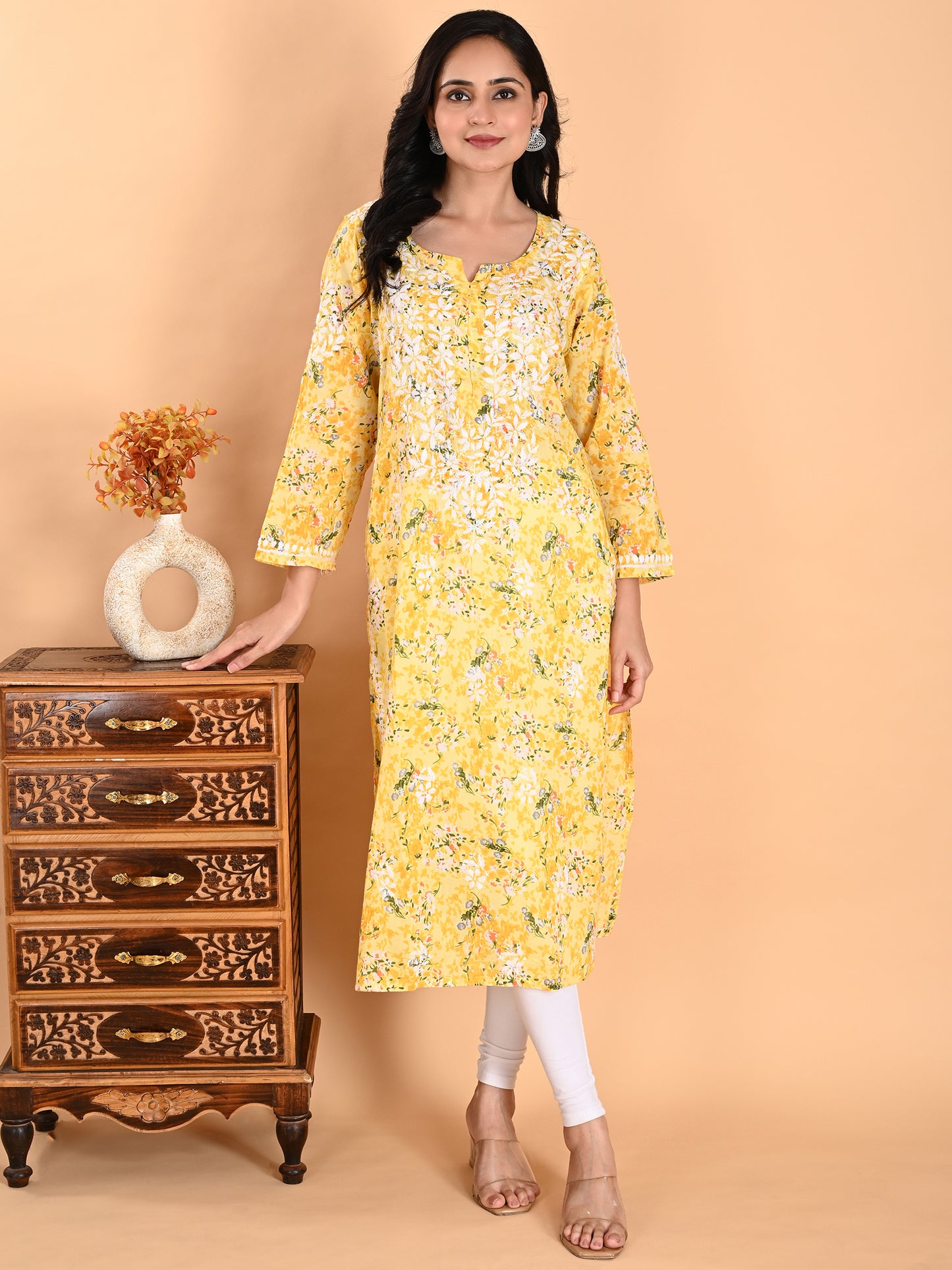 Yellow Mul Cotton Lucknowi Chikankari Floral Printed Long Kurti for Women with Hand Embroidery – Elegant Ethnic Wear Kurta