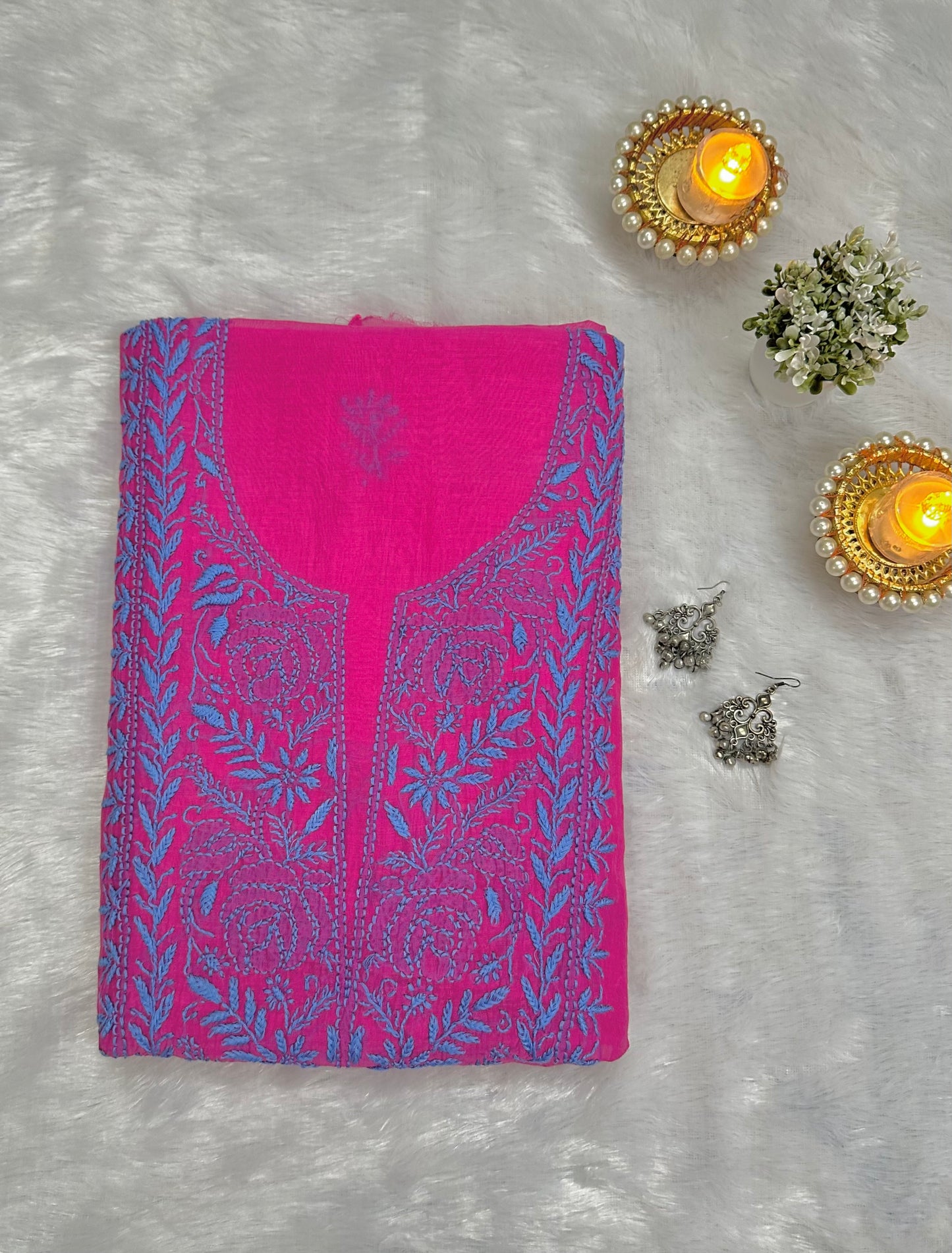 Pure Mul Chanderi Lucknowi Chikankari Unstitched Suit for Women with Dupatta – Hand Embroidered Ethnic Dress Material (2 Piece Set) - Magenta