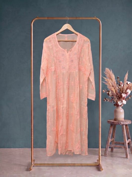 Nazaira Pure Mul Chanderi Lucknow Chikankari Semi-Stitched Suit for Women with Dupatta | Hand Embroidered Naira Cut Gown Style Dress Material | Heavy Cutdana & Sequin Handwork | Peach Pink Ethnic Wear