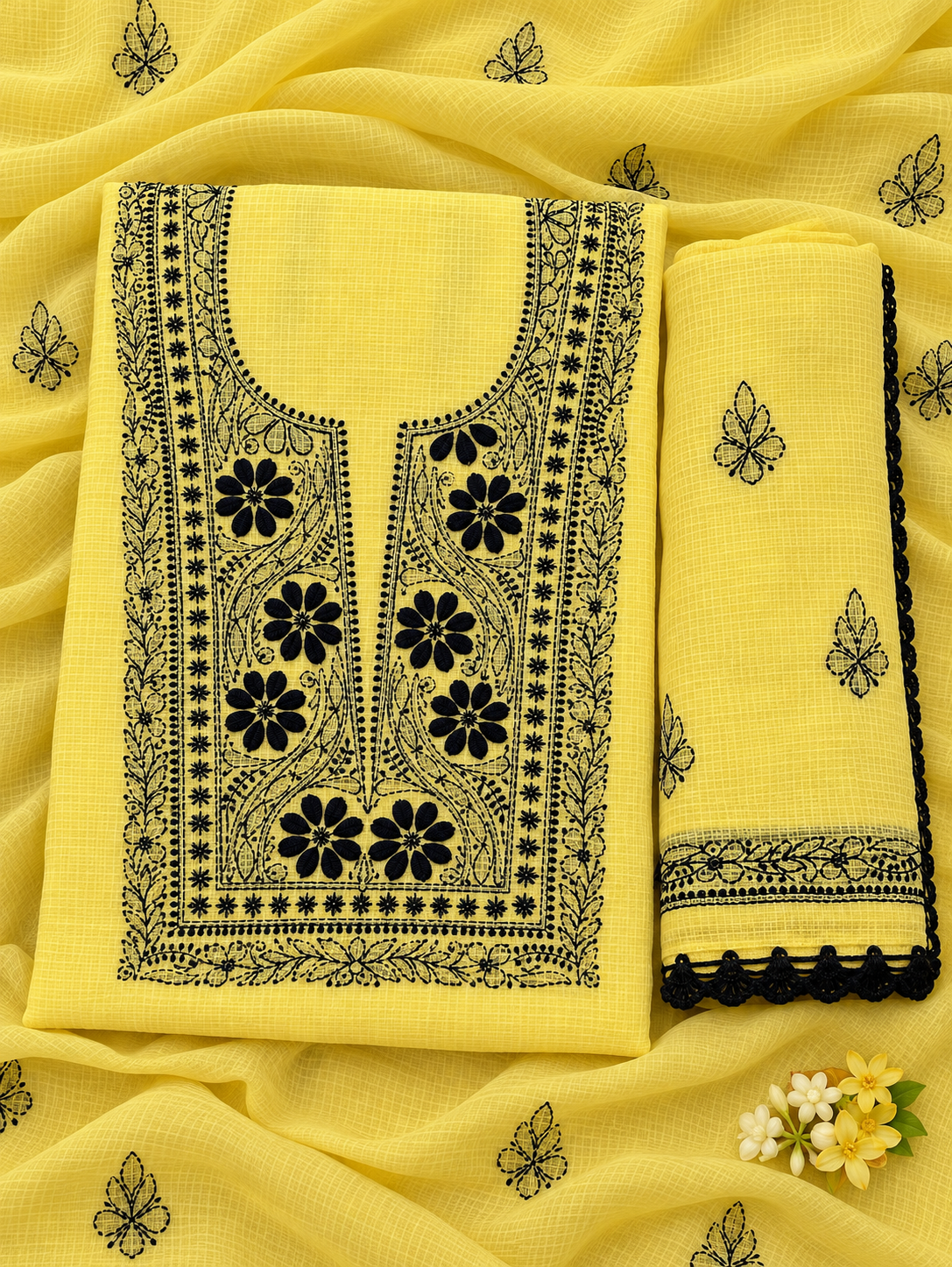 Women's Yellow Kota Cotton Unstitched 2 Piece Suit Dress Material with Dupatta | Lucknowi Chikankari Hand Embroidery, Glass Gala Neck Work, Front Back Motifs | Pooja Wedding Festive