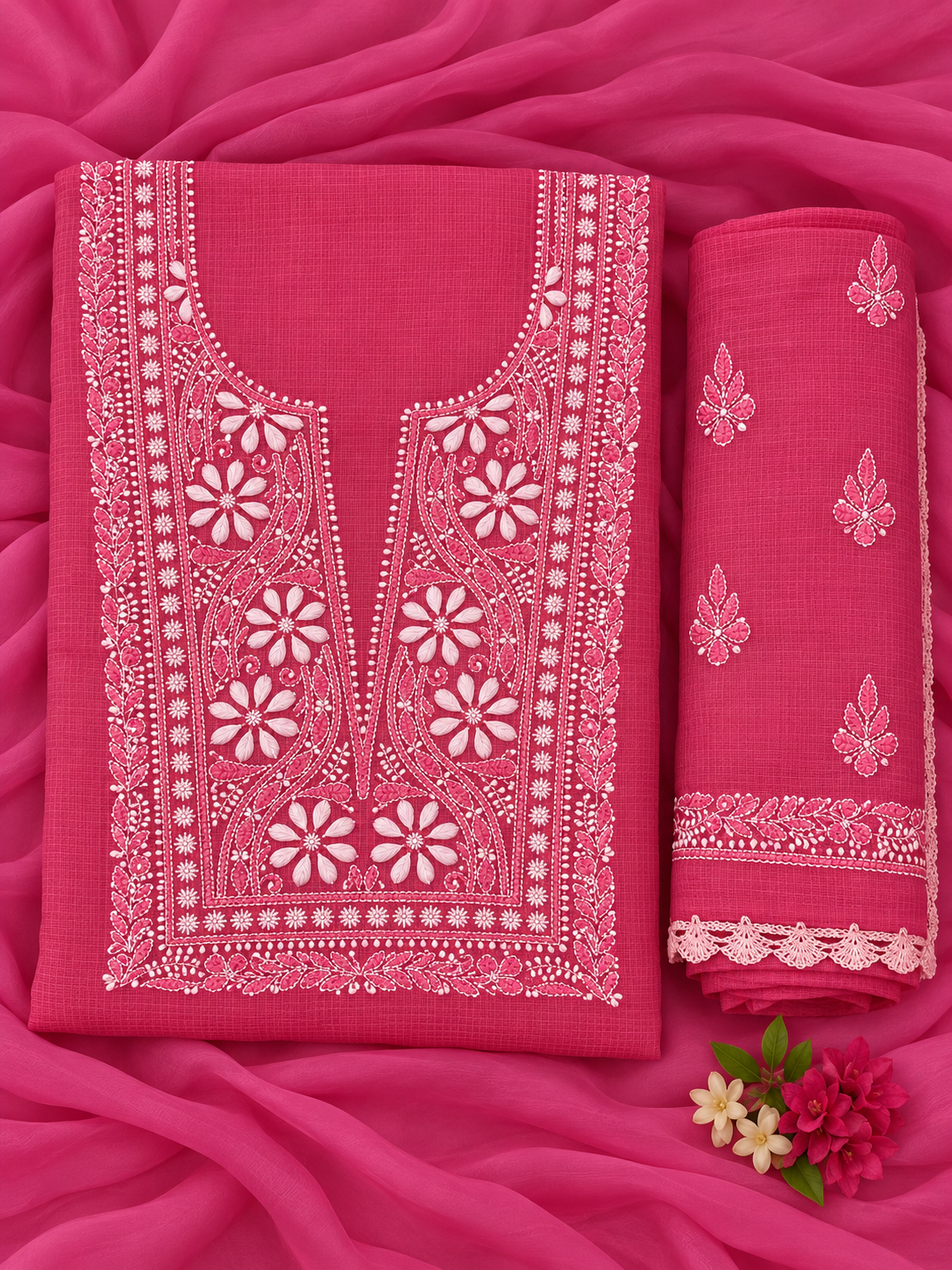 Women's Pink Kota Cotton Unstitched 2 Piece Suit Dress Material with Dupatta | Lucknowi Chikankari Hand Embroidery, Glass Gala Neck Design, All Over Work | Pooja Wedding Festive