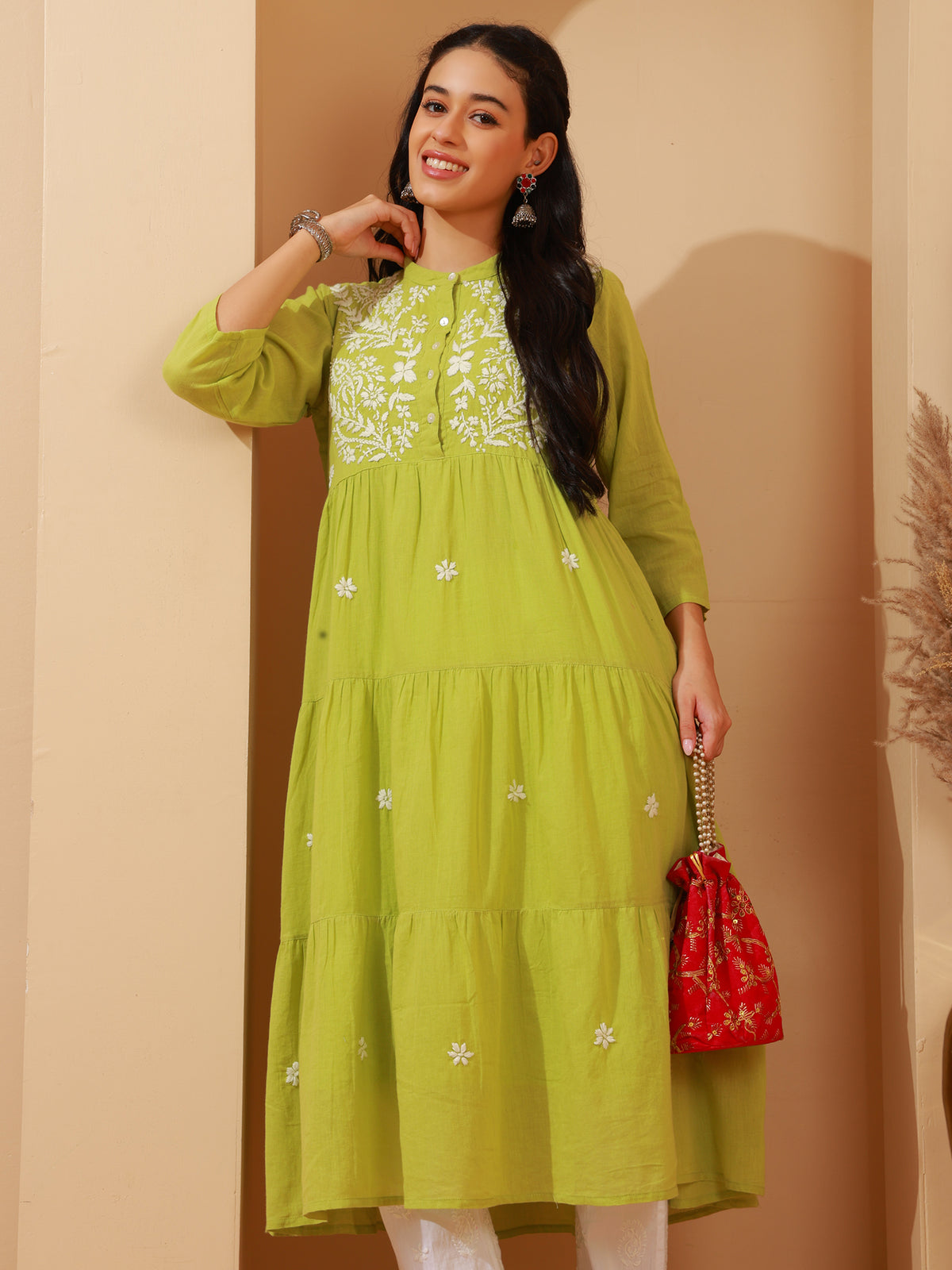Nazaira Women’s Cotton Lucknow Chikankari Gown Style Long Kurta with Pockets | Green Hand Embroidered Ethnic Wear | Handmade Lucknowi Chikankari Kurti | Traditional Handwork