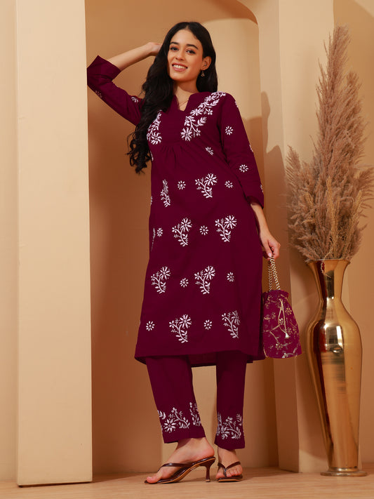 Nazaira Cotton Chikankari Kurta Pant Set for Women | Wine A-Line Long Kurti with Hand Embroidery | Lucknowi Chikankari Ethnic Wear with Pants & Pockets | Handmade Handwork Kurta Set