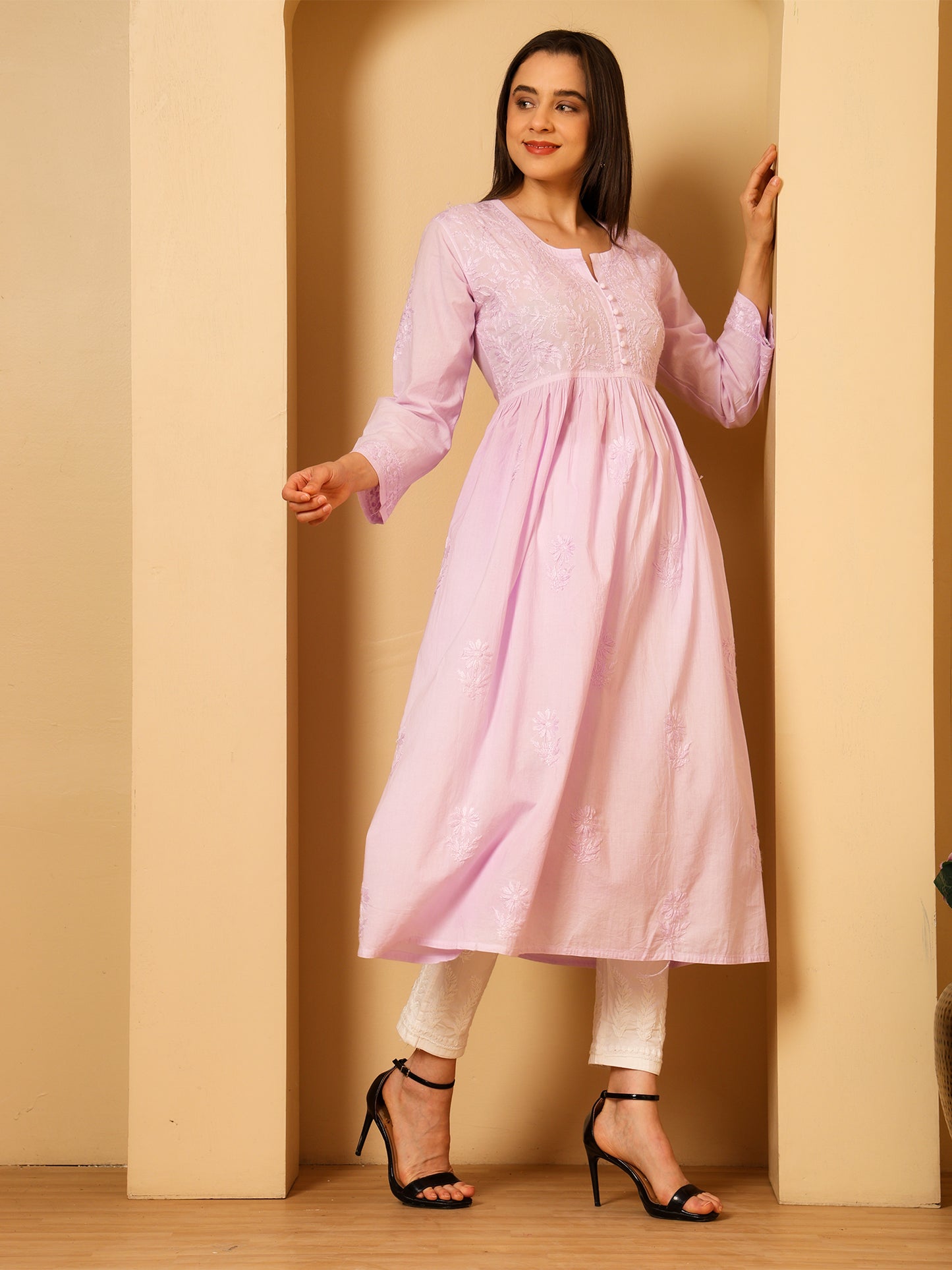 Nazaira Women’s Cotton Chikankari Kurta Gown Style Lavender | Hand Embroidered Lucknow Chikankari Kurti | Ethnic Wear for Women | Long Anarkali Kurta | Handmade Cotton Kurta