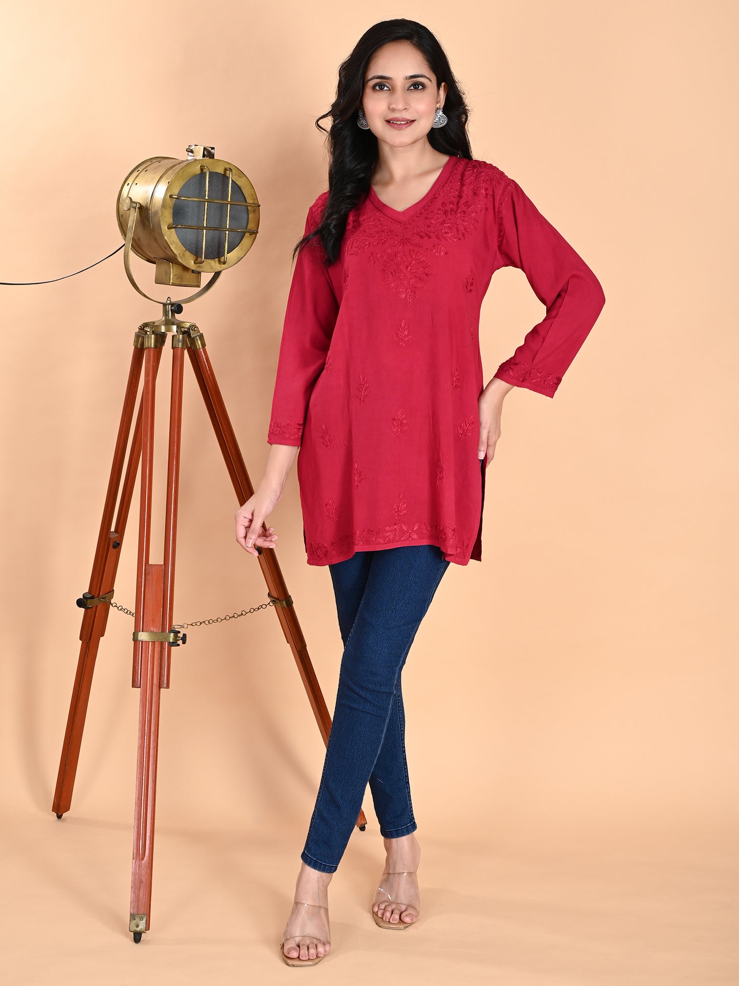 Magenta Rayon Lucknowi Chikankari Short Kurti for Women with Hand Embroidery – Ethnic Daily Wear Tunic Top