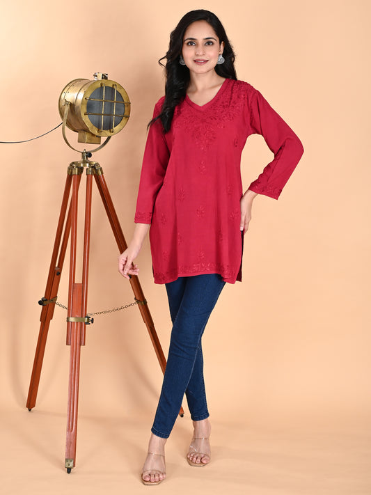 Magenta Rayon Lucknowi Chikankari Short Kurti for Women with Hand Embroidery – Ethnic Daily Wear Tunic Top