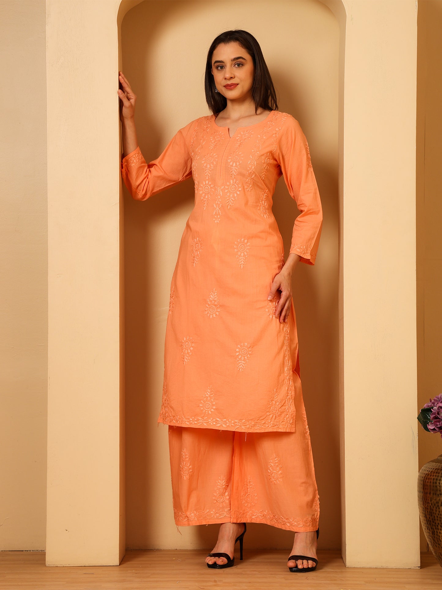 Cotton Chikankari Kurta Palazzo Set for Women | Hand Embroidered Lucknowi Chikankari Kurti with Palazzo | Ethnic Wear Long Kurta Set (Peach) | Handmade Cotton Kurta for Women