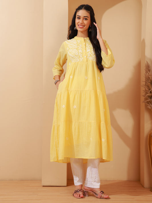 Nazaira Women’s Cotton Lucknow Chikankari Gown Style Long Kurta with Pockets | Butter Yellow Hand Embroidered Ethnic Wear | Handmade Lucknowi Chikankari Kurti | Traditional Handwork