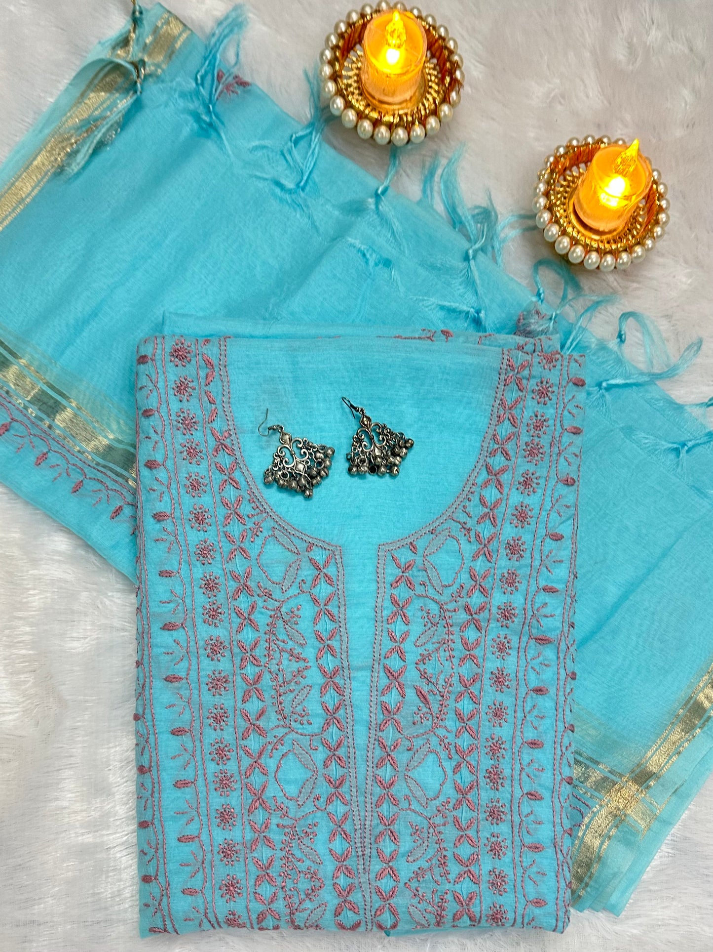 Pure Mul Chanderi Lucknowi Chikankari Unstitched Suit for Women with Dupatta – Hand Embroidered Ethnic Dress Material (2 Piece Set) - Sea Blue