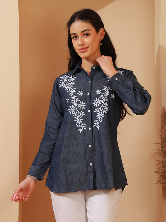 Nazaira Denim Chikankari Shirt for Women | Blue Hand Embroidered Shirt with White Floral Lucknow Chikankari | Long Sleeve Modern Ethnic Wear | Office, Casual & College Wear
