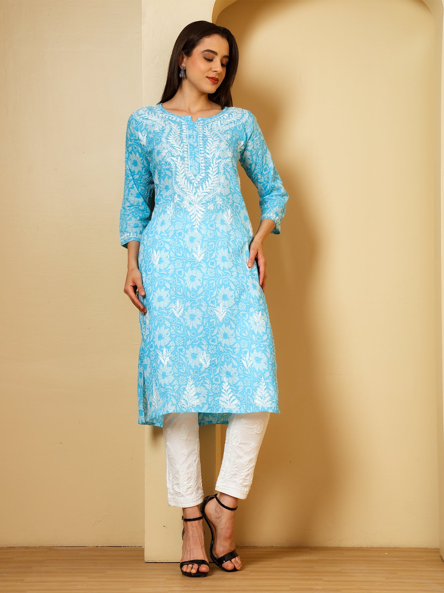 Nazaira Mulmul Cotton Chikankari Kurta for Women Sky Blue | Hand Embroidered Lucknow Chikankari Kurti | Ethnic Wear Long Kurta for Women | Handmade Luckhnawi Chickankari Kurta