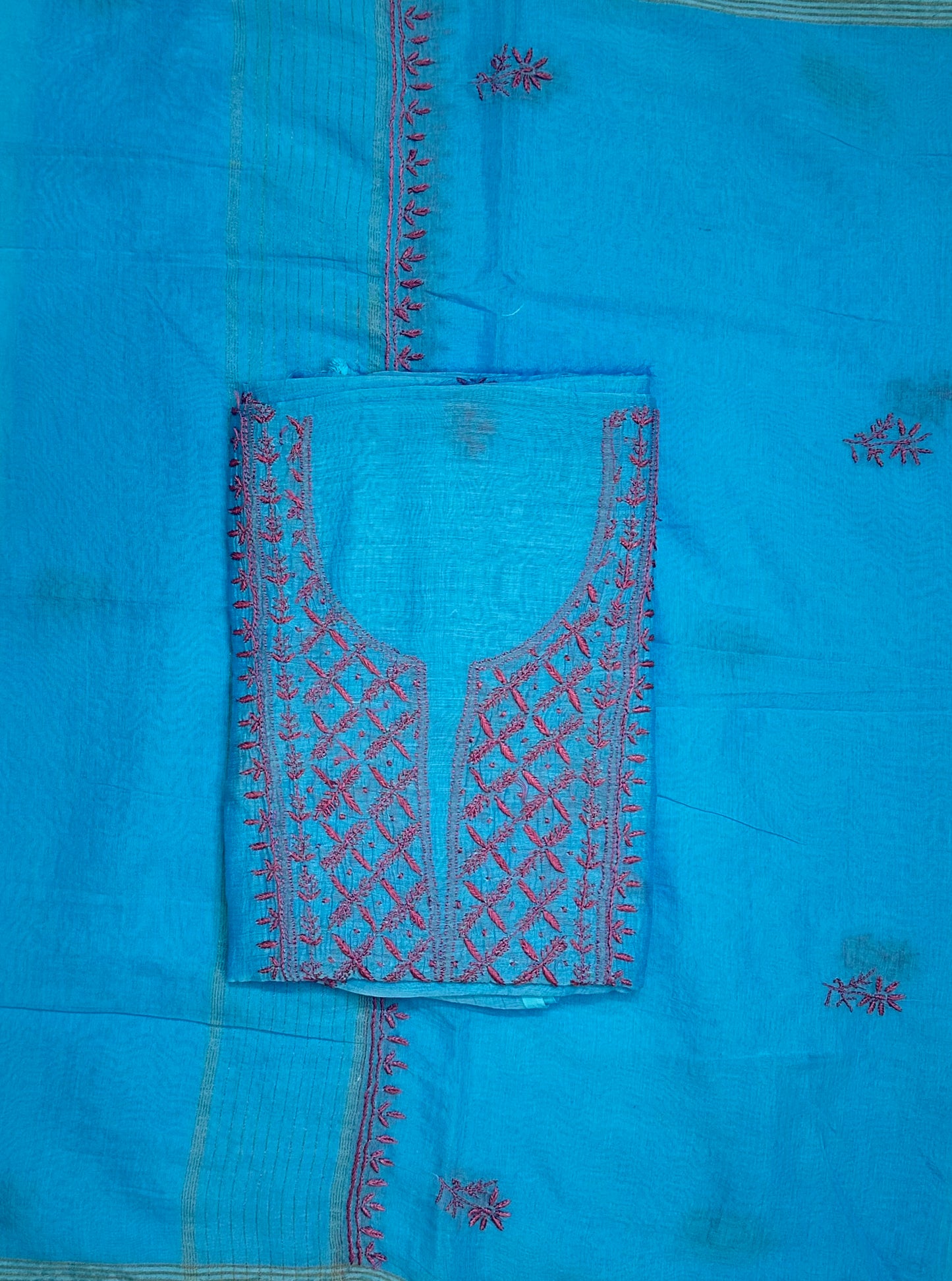 Pure Mul Chanderi Lucknowi Chikankari Unstitched Suit for Women with Dupatta – Hand Embroidered Ethnic Dress Material (2 Piece Set) - Blue