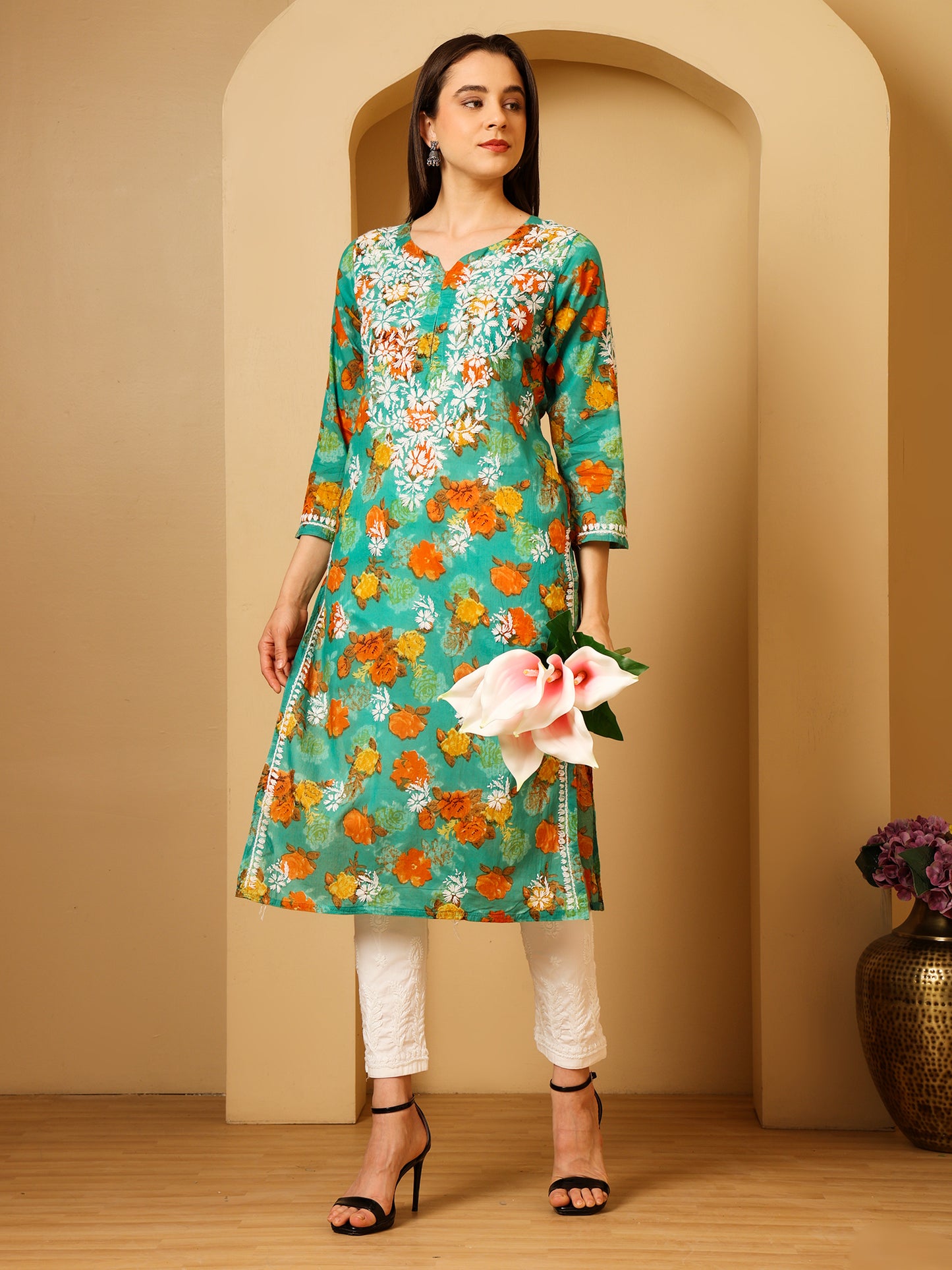 Nazaira Women’s Green Mul Cotton Lucknowi Chikankari Long Kurti | Hand-Embroidered Floral Printed Cotton Kurta | Elegant Ethnic Wear for Women | Traditional Lucknow Chikan Work |