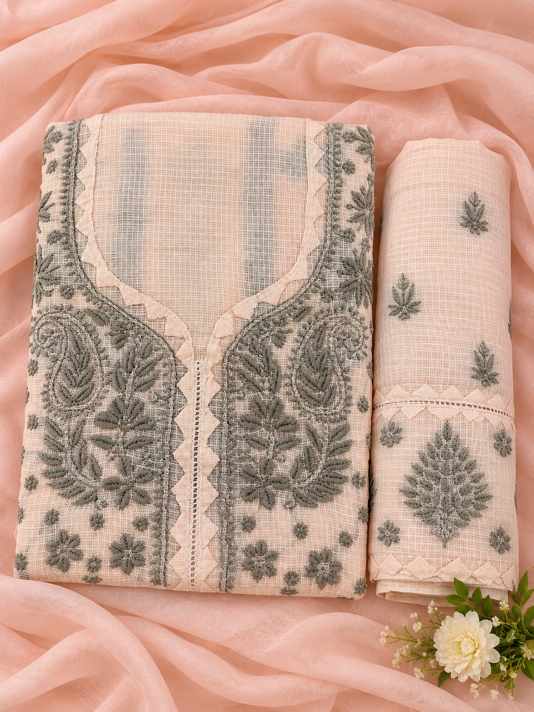 NAZAIRA Women's Peach Kota Cotton Unstitched 2 Piece Suit Dress Material with Dupatta | Lucknow Chikankari Hand Embroidery, Applique & 3D Work | Heavy Dupatta, Wedding & Festive