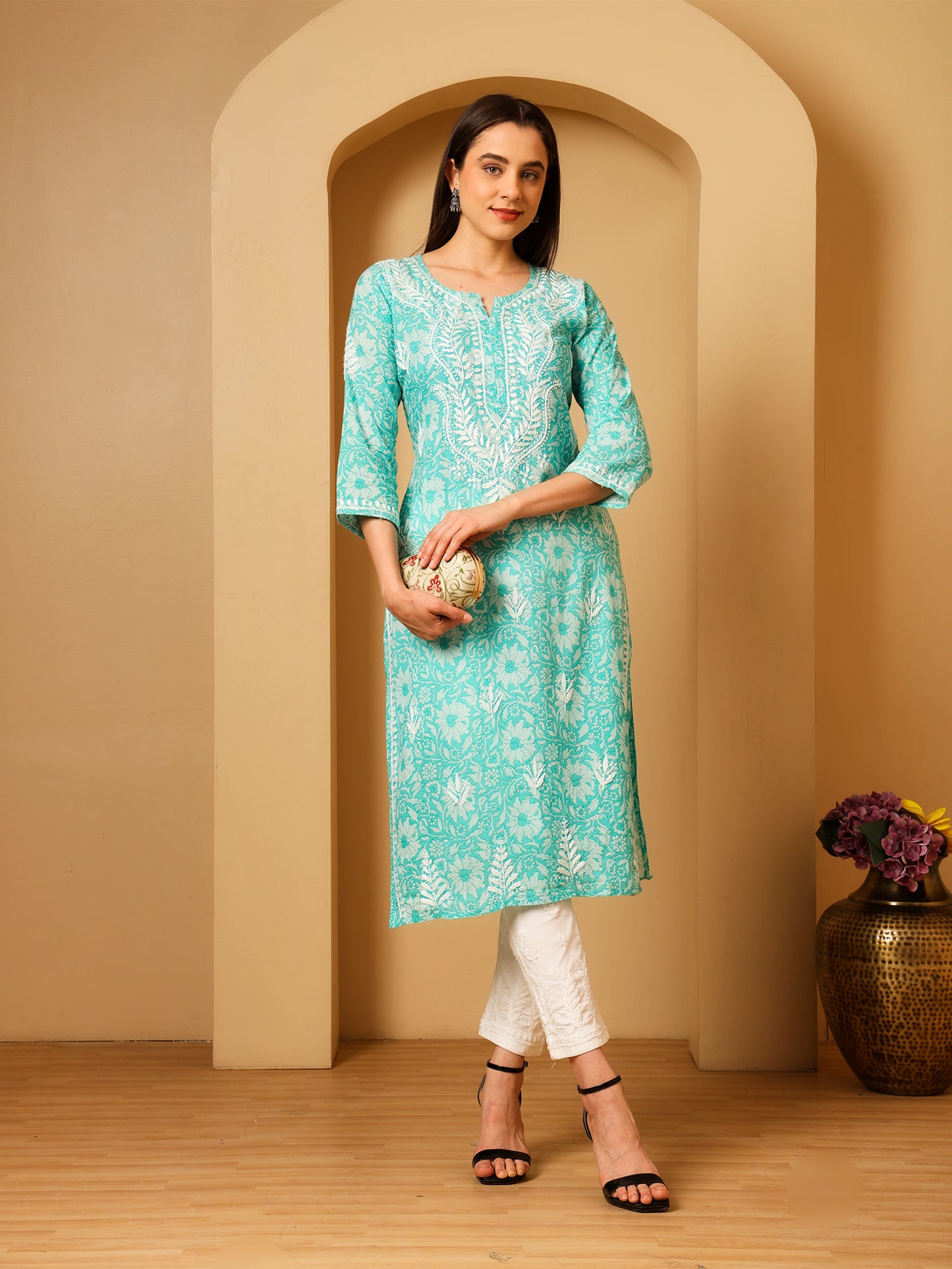 Nazaira Mulmul Cotton Chikankari Kurta for Women Aqua Green | Hand Embroidered Lucknow Chikankari Kurti | Ethnic Wear Long Kurta for Women | Handmade Luckhnawi Chickankari Kurta
