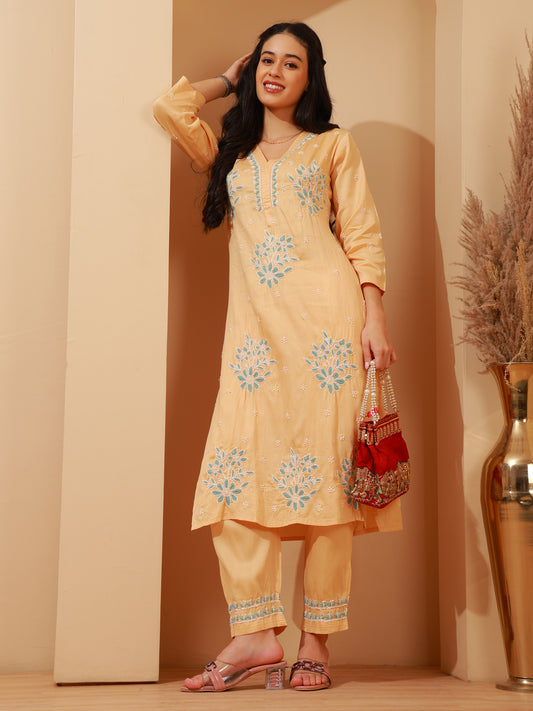 Nazaira Cotton Chikankari Kurta Pant Set for Women | Beige Lucknowi Chikankari Hand Embroidery Long Kurti with Pocket Pants | Handmade Ethnic Wear for Women | Handwork Kurta Set