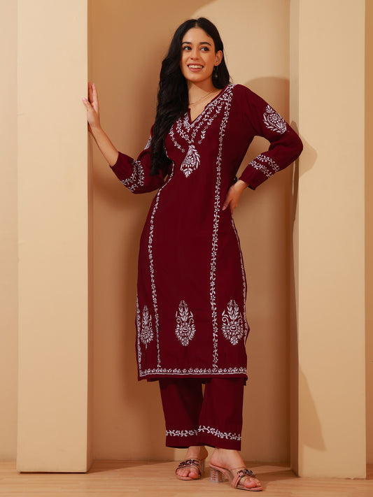 Nazaira Chanderi Chikankari Kurta Pant Set for Women | Maroon Long Kurti with Hand Embroidery | Lucknowi Chikankari Ethnic Wear | Matching Pants with Pockets | Traditional Handwork