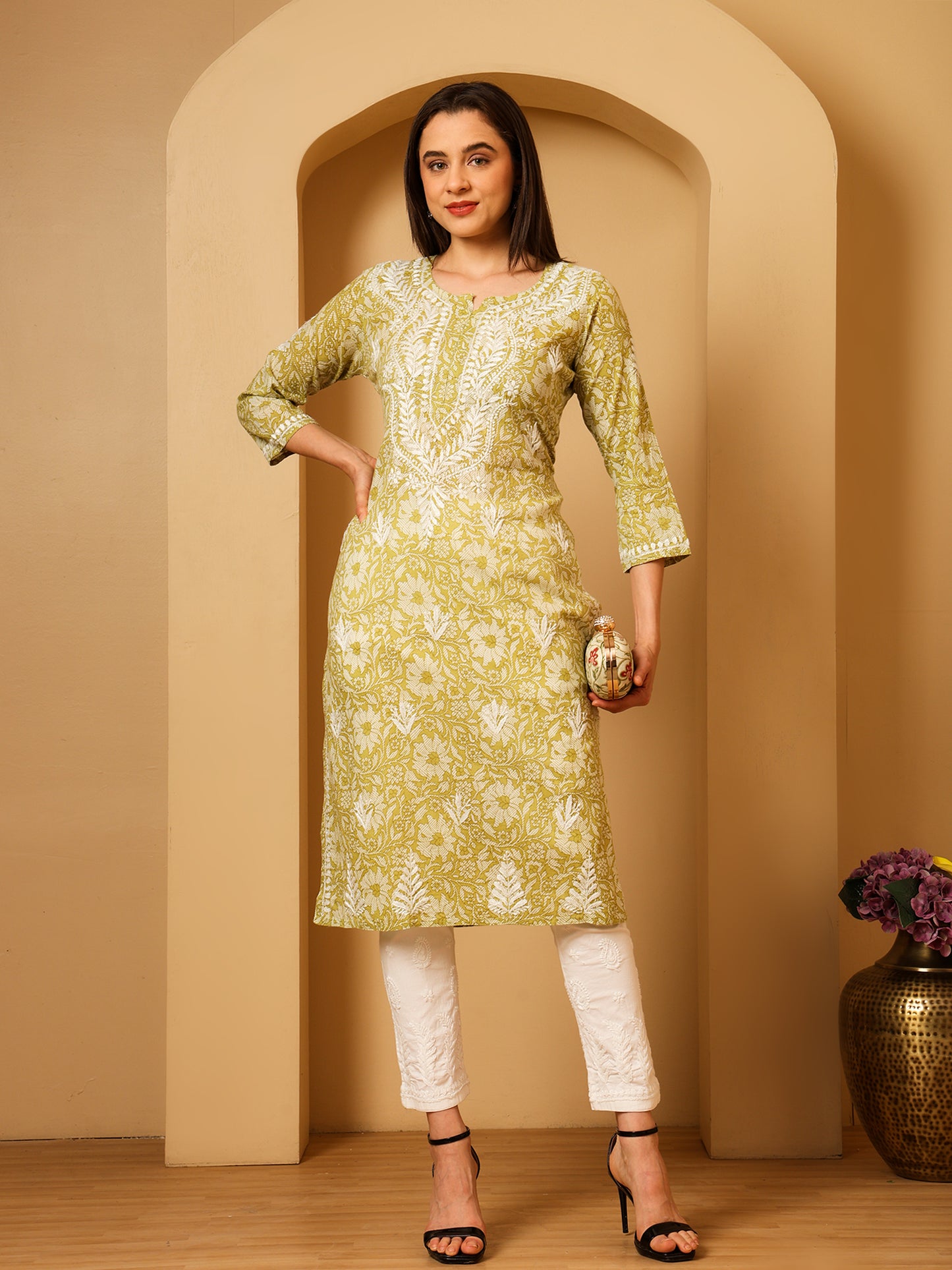 Nazaira Mulmul Cotton Chikankari Kurta for Women Pista Green | Hand Embroidered Lucknow Chikankari Kurti | Ethnic Wear Long Kurta for Women | Handmade Luckhnawi Chickankari Kurta