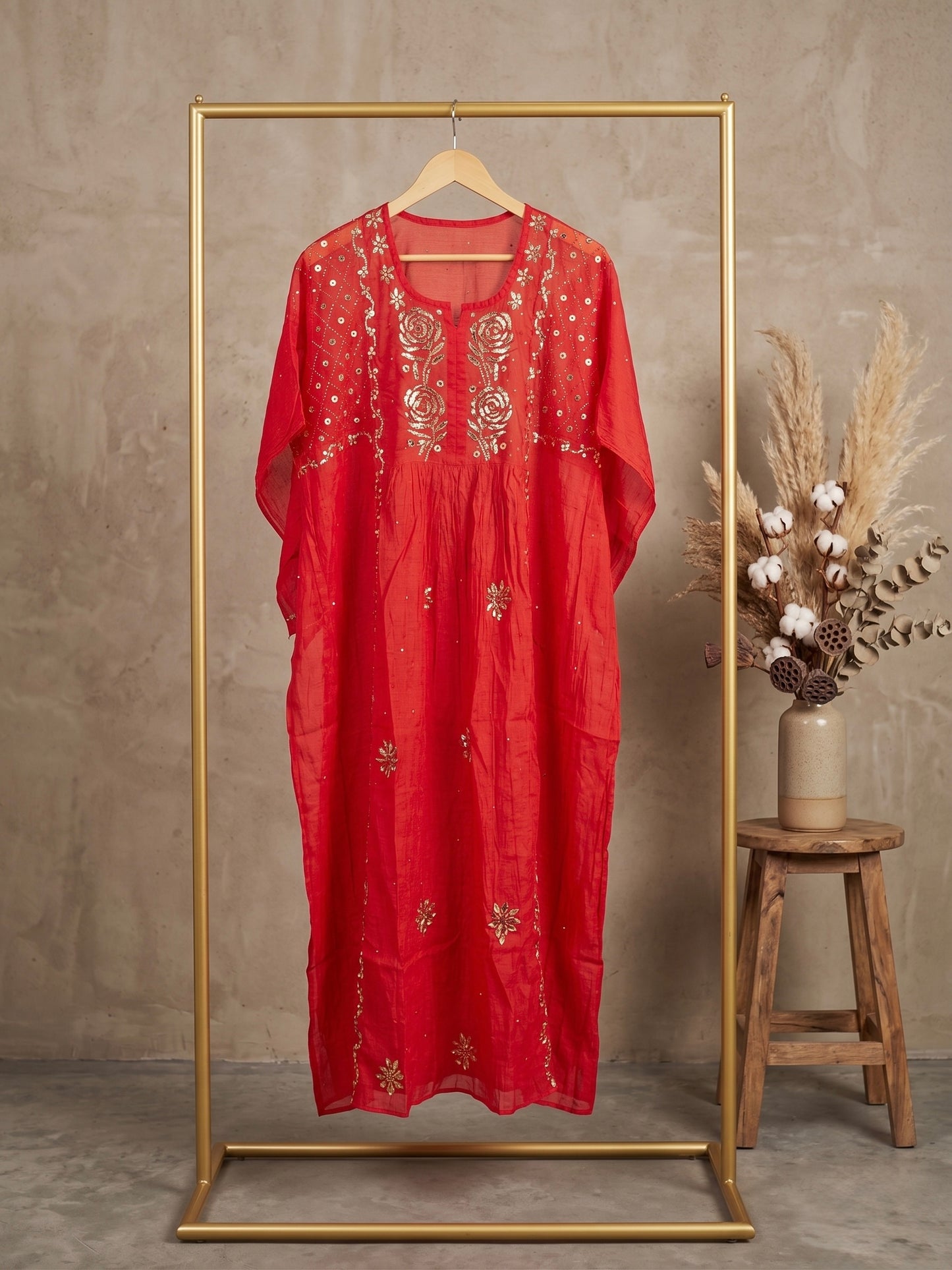 Nazaira Pure Mul Chanderi Semi-Stitched Suit for Women with Dupatta | Hand Embroidered Lucknow Chikankari Kurta Set | Pitta Work Naira Cut Gown Style Ethnic Wear | Dress Material | Red