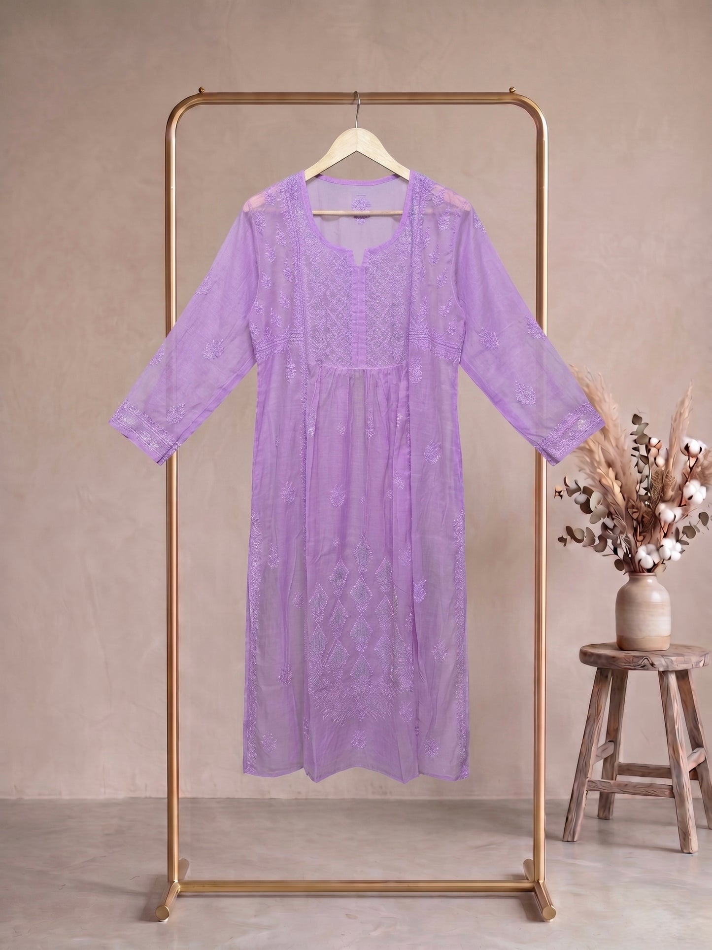 Nazaira Pure Mul Chanderi Semi-Stitched Dress Material for Women with Dupatta | Hand Embroidered Lucknow Chikankari Suit | Naira Cut Gown Style Ethnic Wear | Heavy Cutdana Work | Lavender