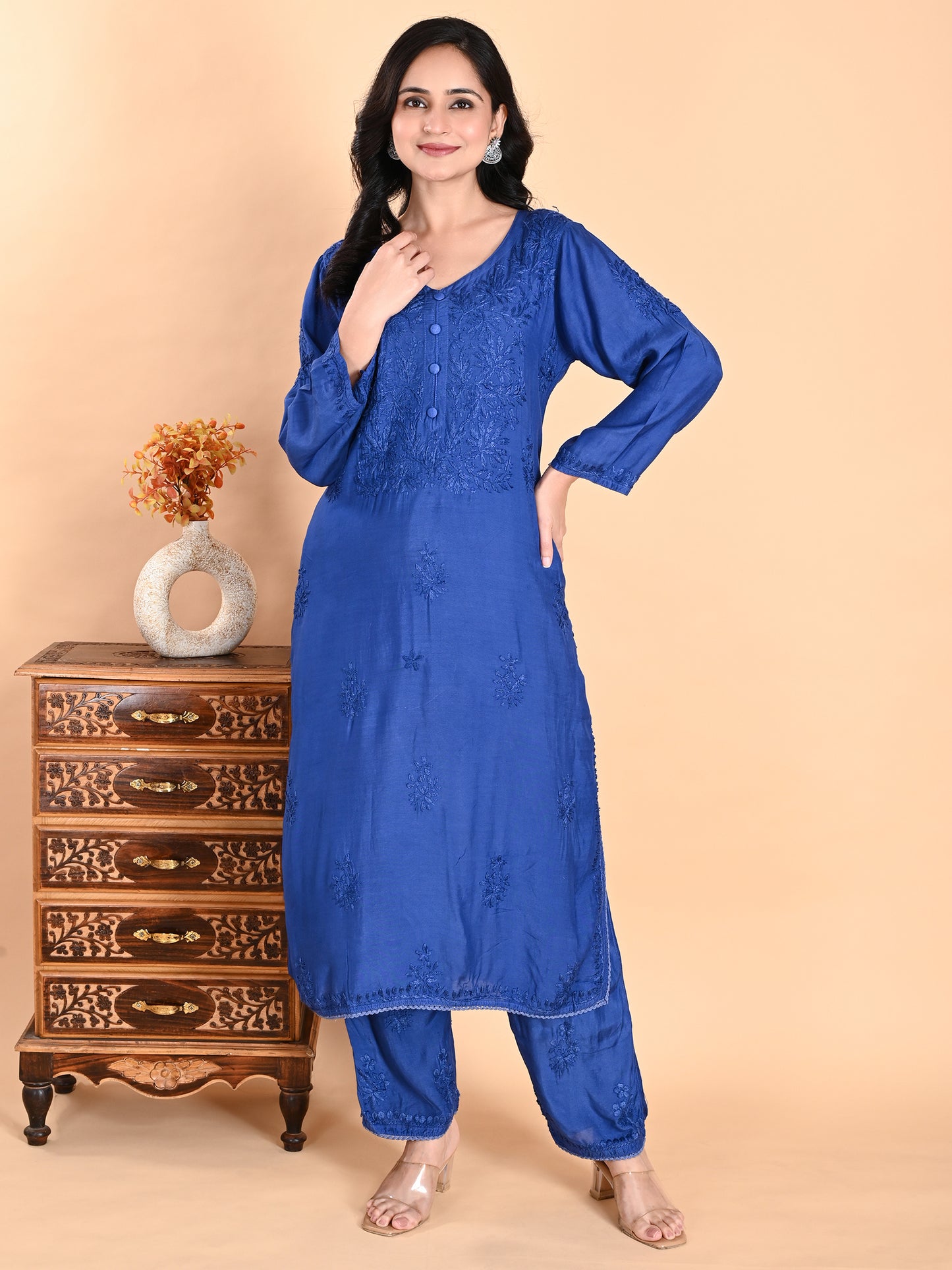 Blue Muslin Lucknowi Chikankari Kurta Set with Pajama for Women with Hand Embroidery – Festive Ethnic Wear Long Kurti Set