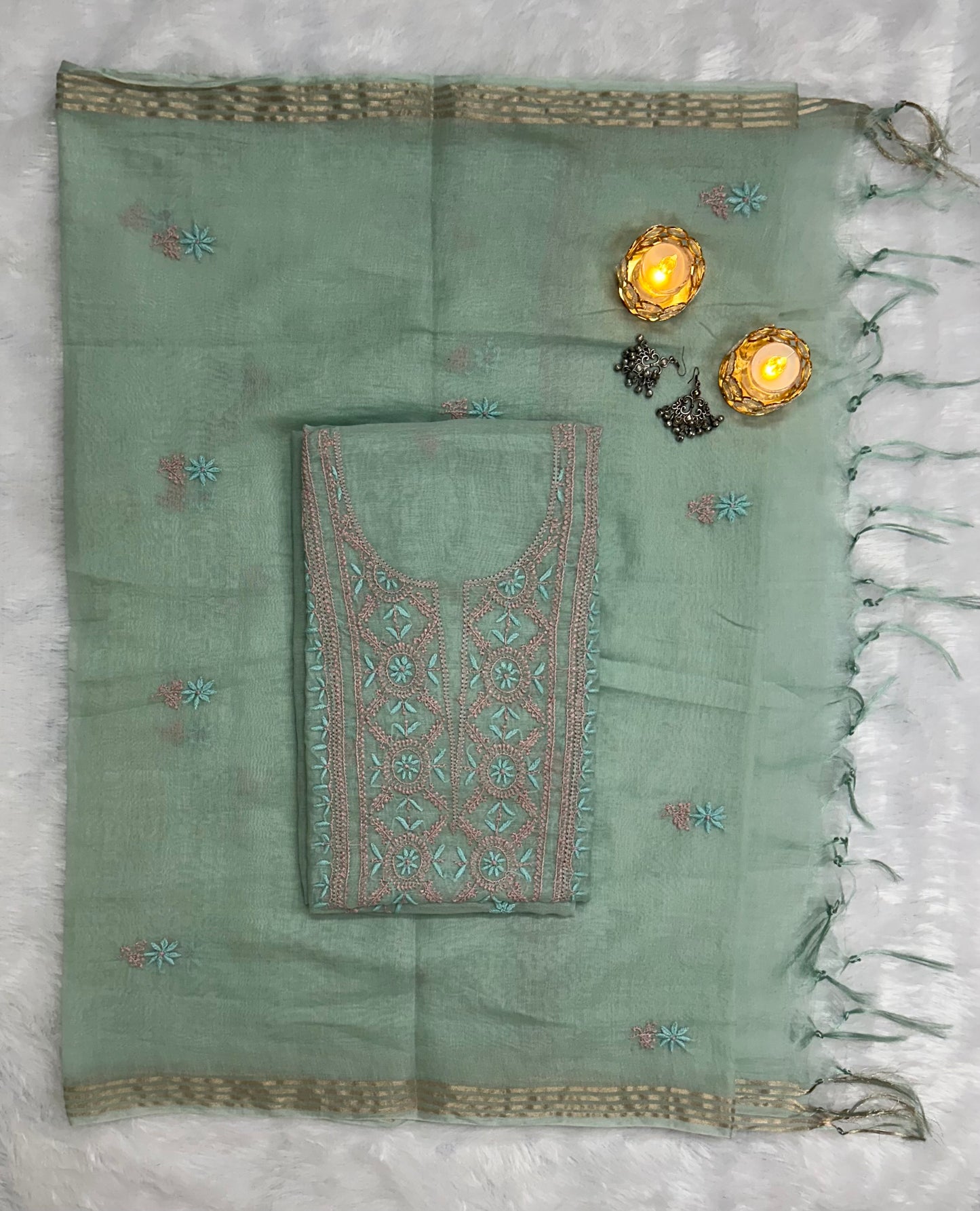 Pure Mul Chanderi Lucknowi Chikankari Unstitched Suit for Women with Dupatta – Hand Embroidered Ethnic Dress Material (2 Piece Set) - Sea Green