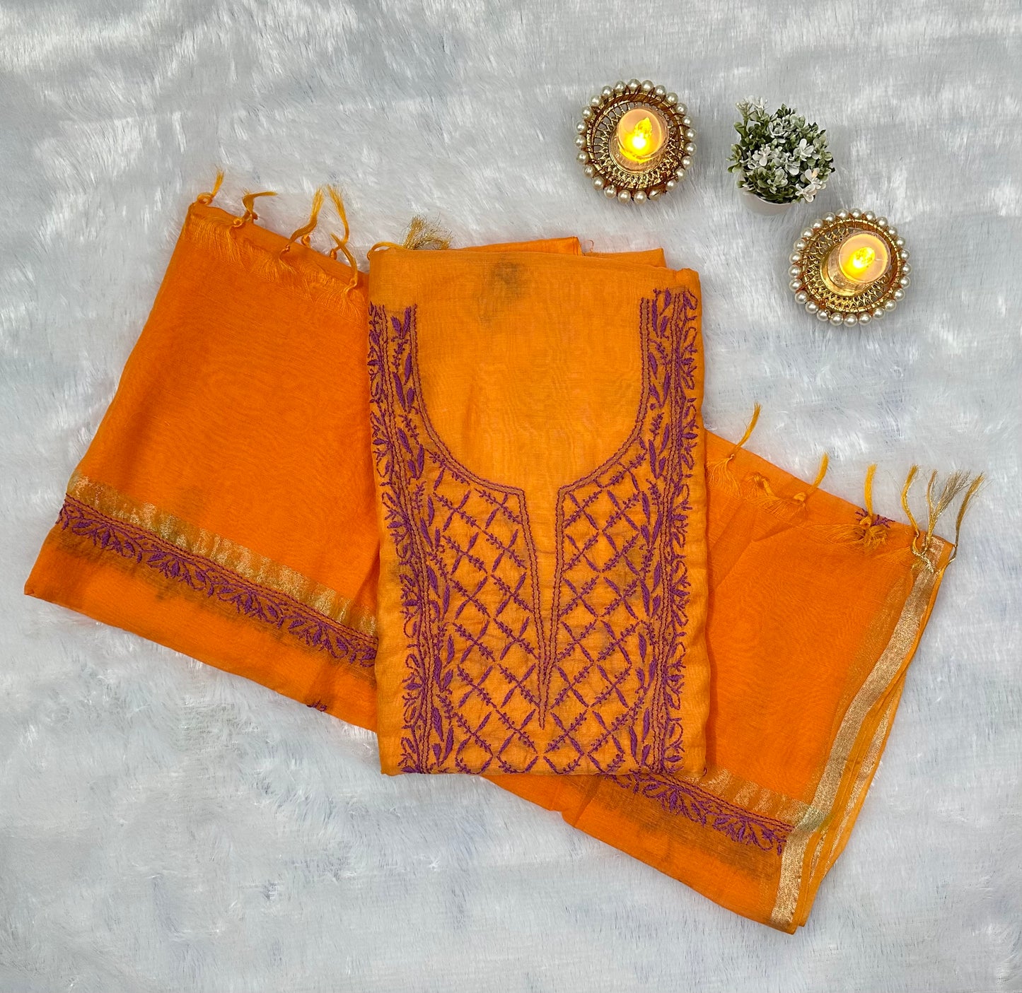 Pure Mul Chanderi Lucknowi Chikankari Unstitched Suit for Women with Dupatta – Hand Embroidered Ethnic Dress Material (2 Piece Set) - Orange 2