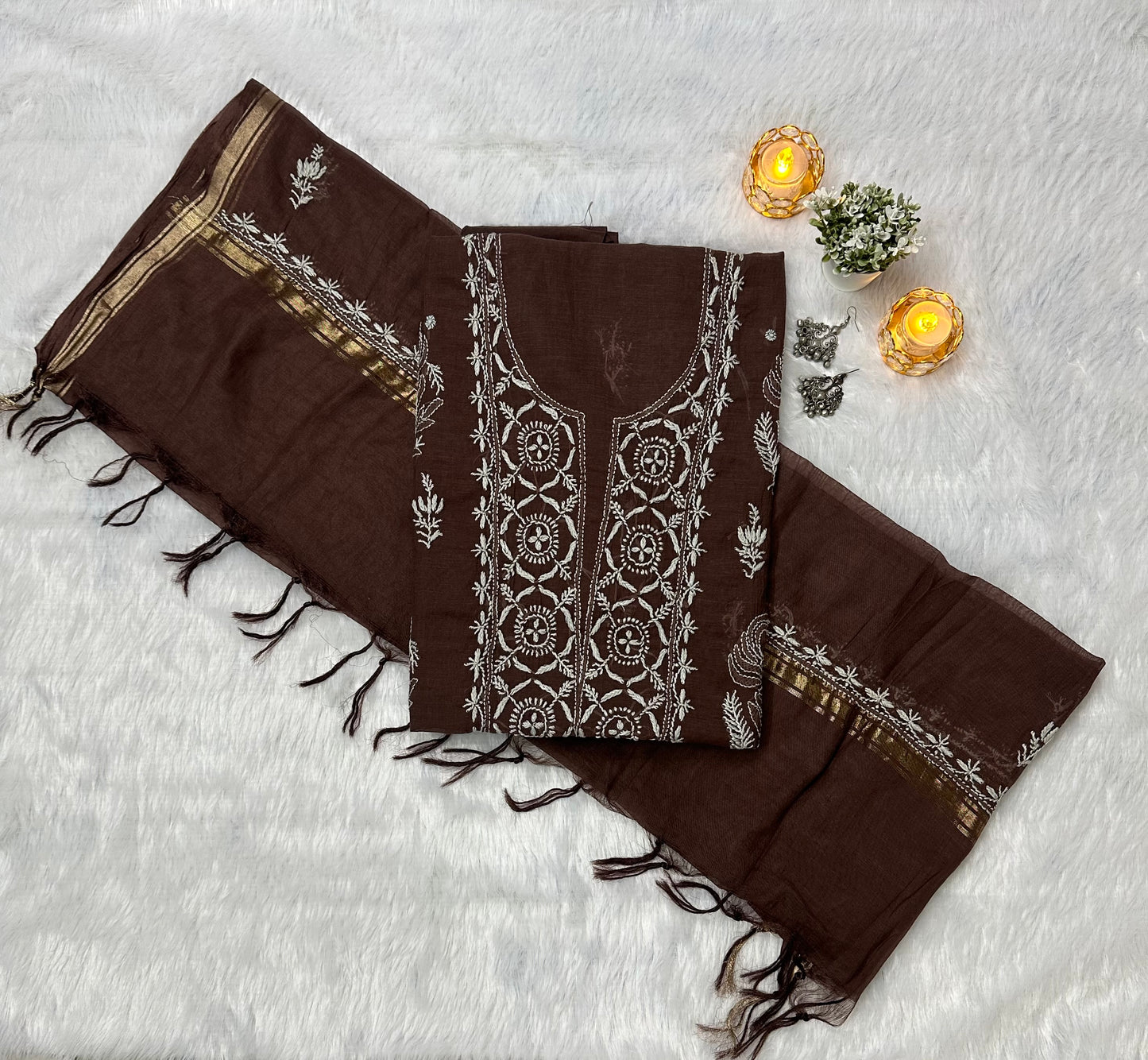 Pure Mul Chanderi Lucknowi Chikankari Unstitched Suit for Women with Dupatta – Hand Embroidered Ethnic Dress Material (2 Piece Set) - Brown