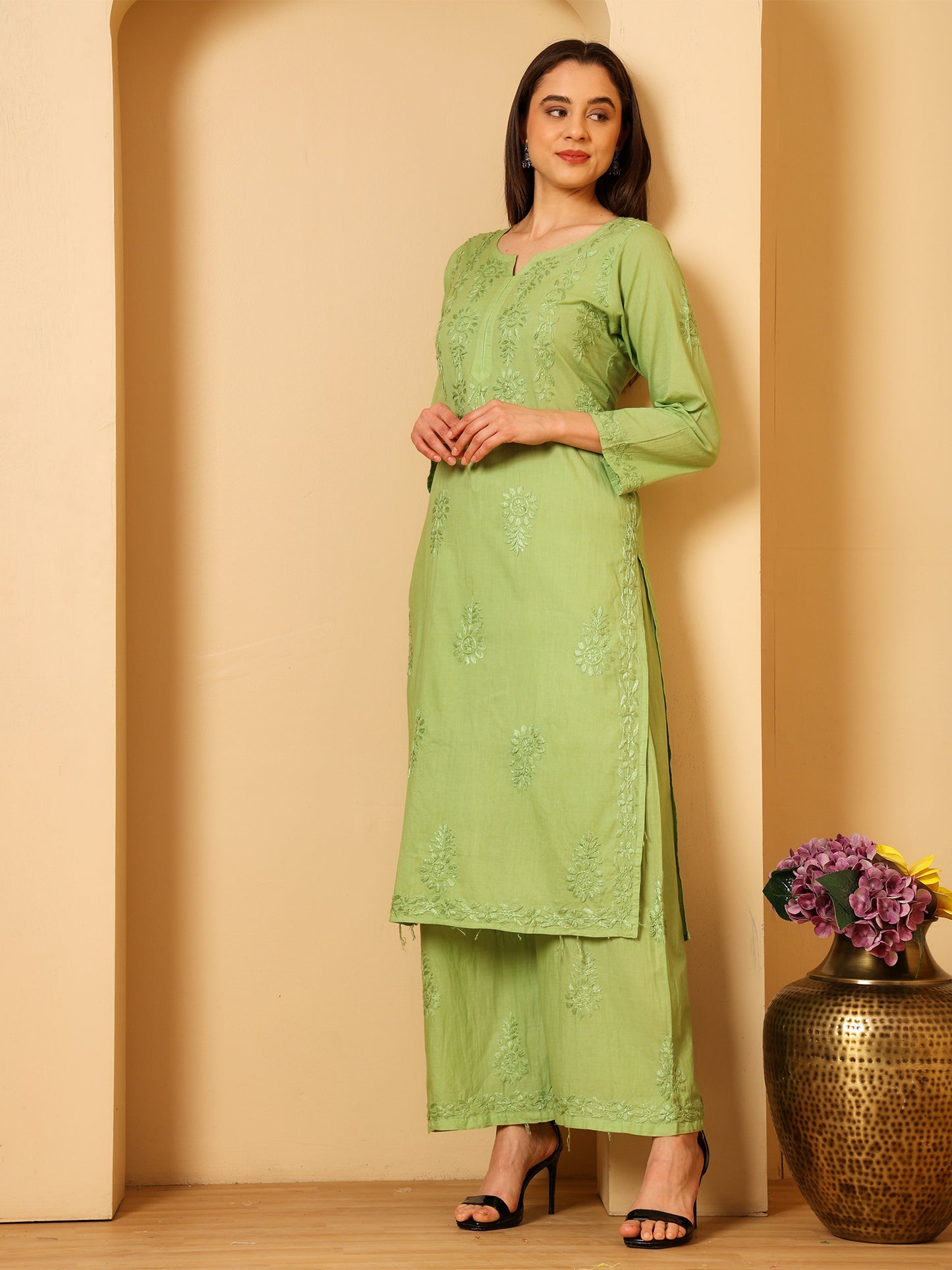 Cotton Chikankari Kurta Palazzo Set for Women | Hand Embroidered Lucknowi Chikankari Kurti with Palazzo | Ethnic Wear Long Kurta Set (Green) | Handmade Cotton Kurta for Women