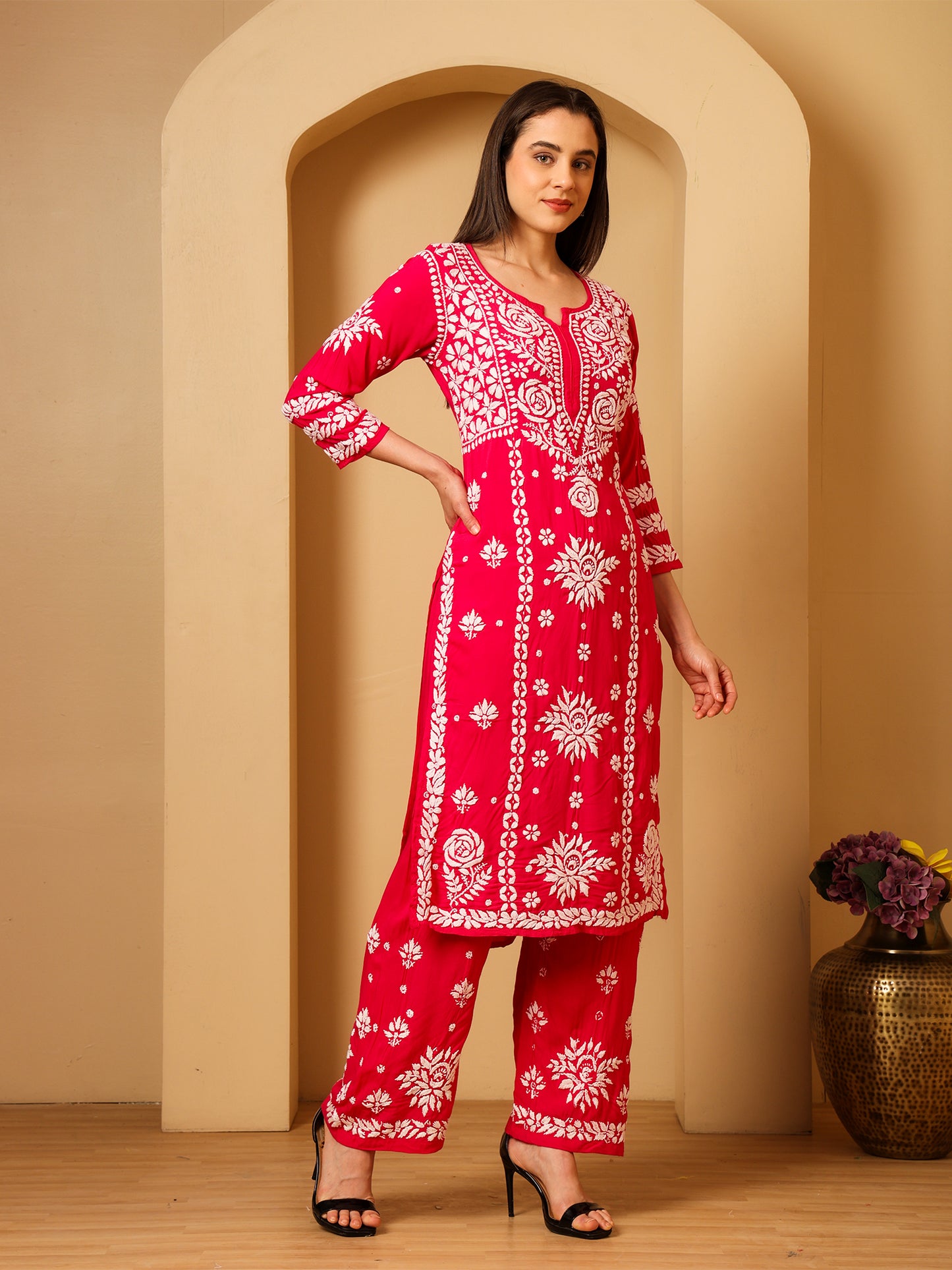 Nazaira Modal Lucknow Chikankari Kurta Set for Women with Palazzo | 3D Hand Embroidery Long Kurti | Ethnic Wear for Women | Handmade Luckhnawi Chickankari | Rani Pink |