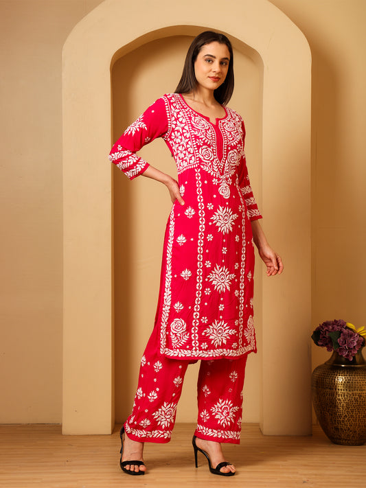 Nazaira Modal Lucknow Chikankari Kurta Set for Women with Palazzo | 3D Hand Embroidery Long Kurti | Ethnic Wear for Women | Handmade Luckhnawi Chickankari | Rani Pink |