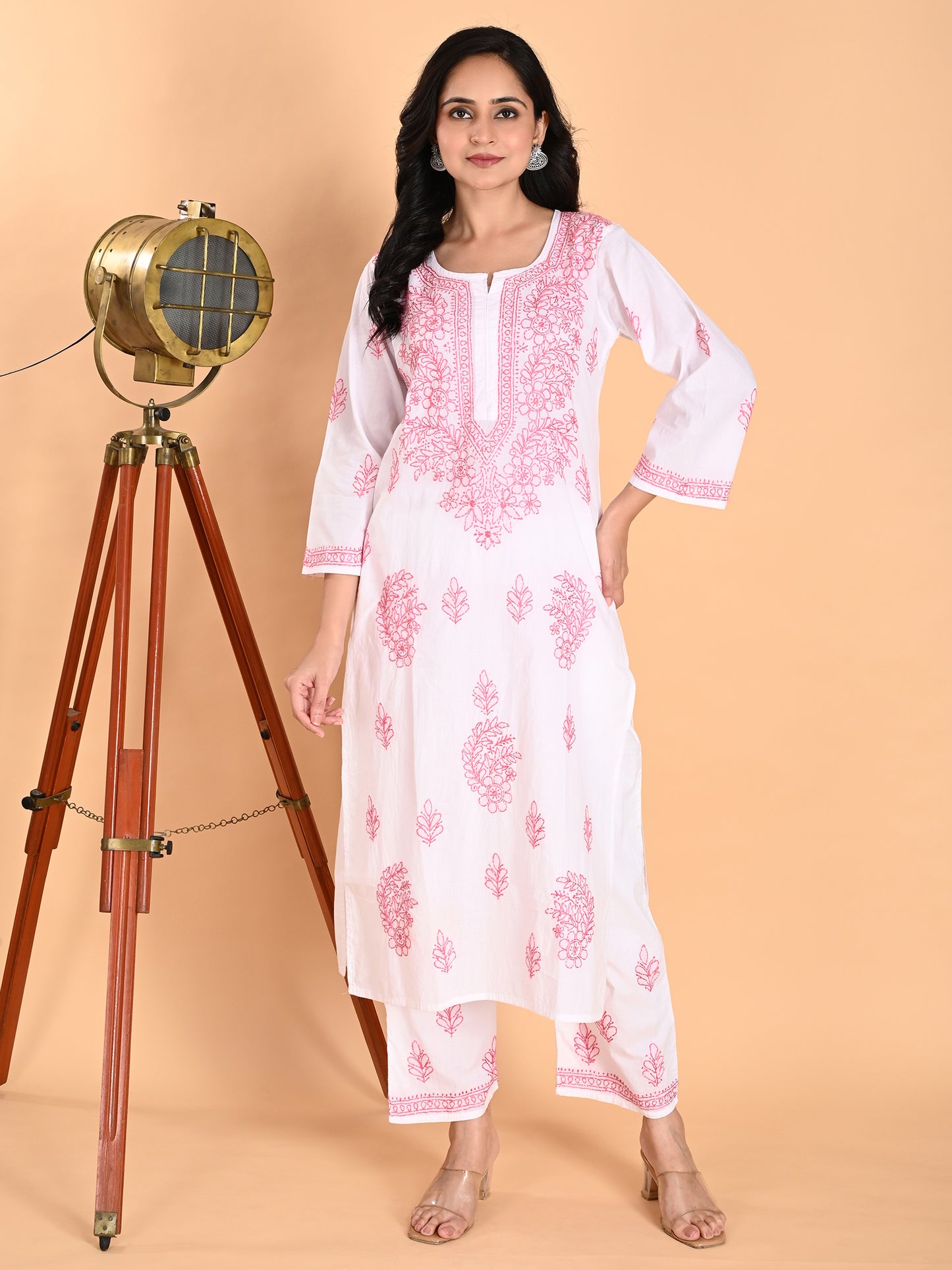 White Cotton Lucknowi Chikankari Kurta with Pajama Set for Women with Pink Thread Hand Embroidery – Ethnic Wear Suit Set