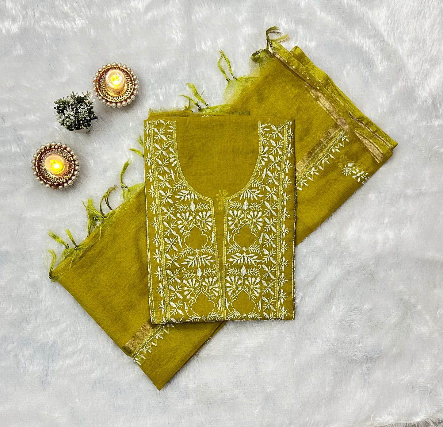 Pure Mul Chanderi Lucknowi Chikankari Unstitched Suit for Women with Dupatta – Hand Embroidered Ethnic Dress Material (2 Piece Set) - Mehendi