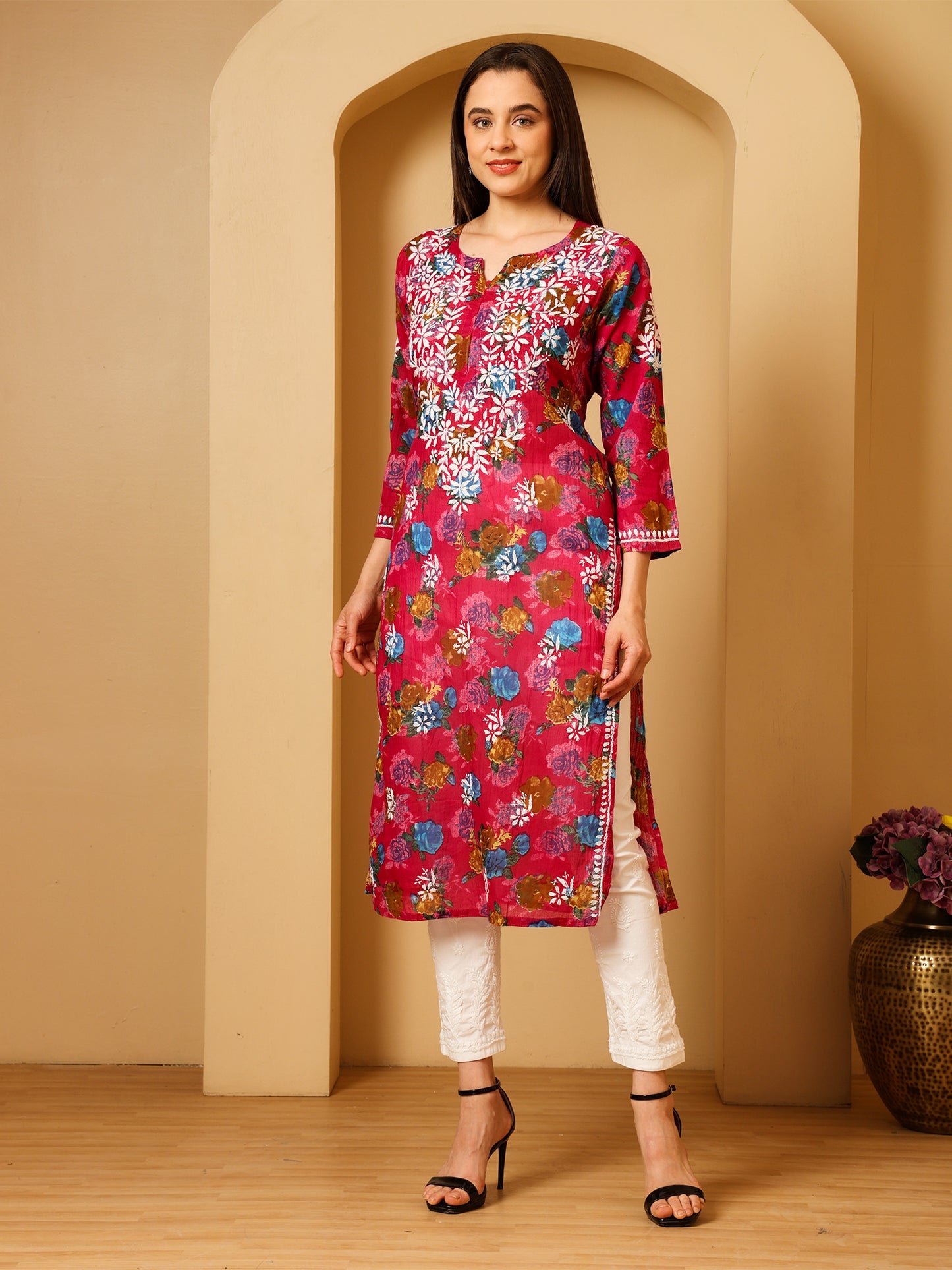 Nazaira Women’s Magenta Mul Cotton Lucknowi Chikankari Long Kurti | Hand-Embroidered Floral Printed Cotton Kurta | Elegant Ethnic Wear for Women | Traditional Lucknow Chikan Work |
