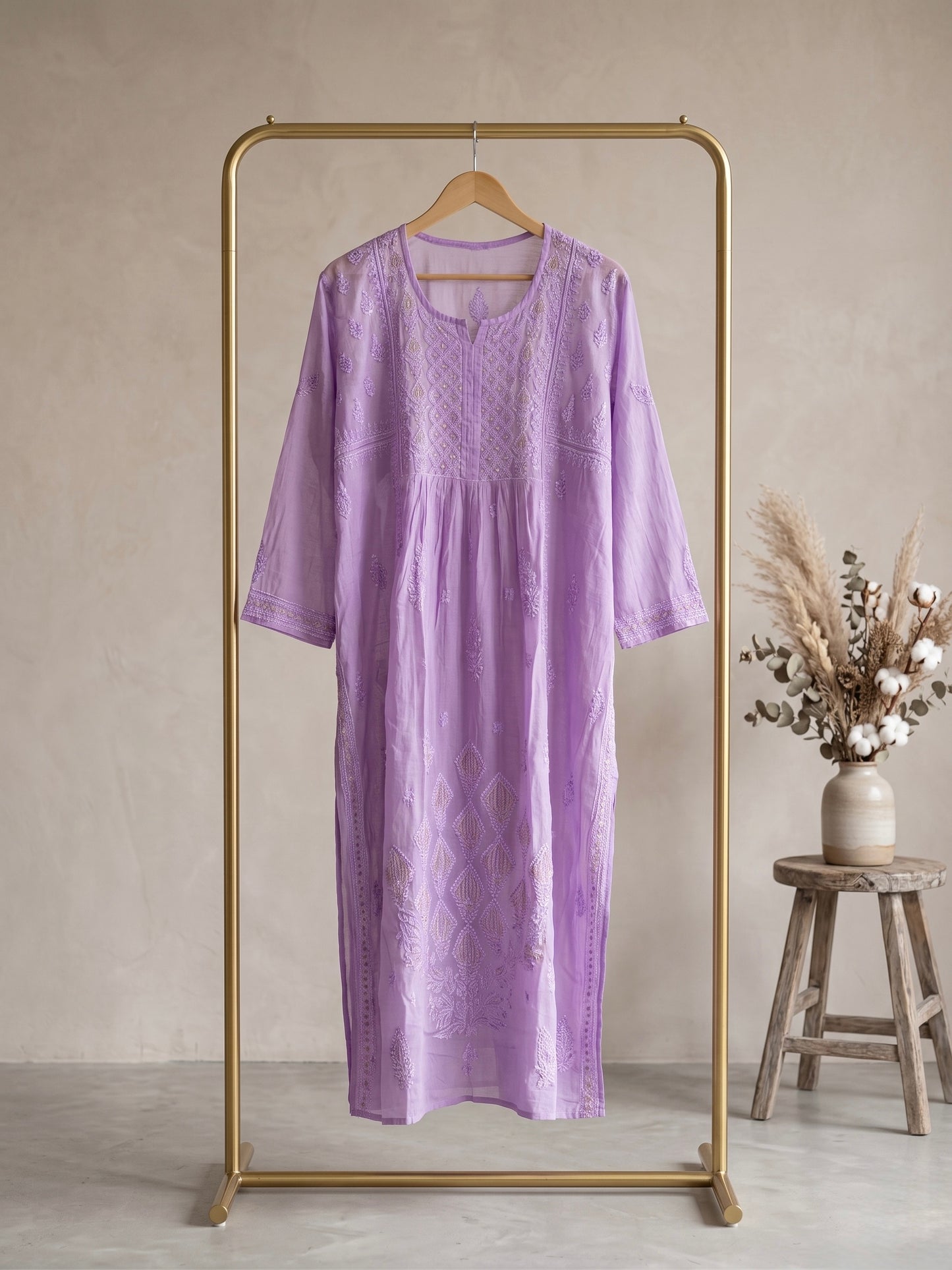 Nazaira Pure Mul Chanderi Semi-Stitched Suit for Women with Dupatta | Hand Embroidered Lucknow Chikankari Kurta Set | Naira Cut Gown Style Ethnic Wear | Heavy Cutdana & Pearl Work | Lavender