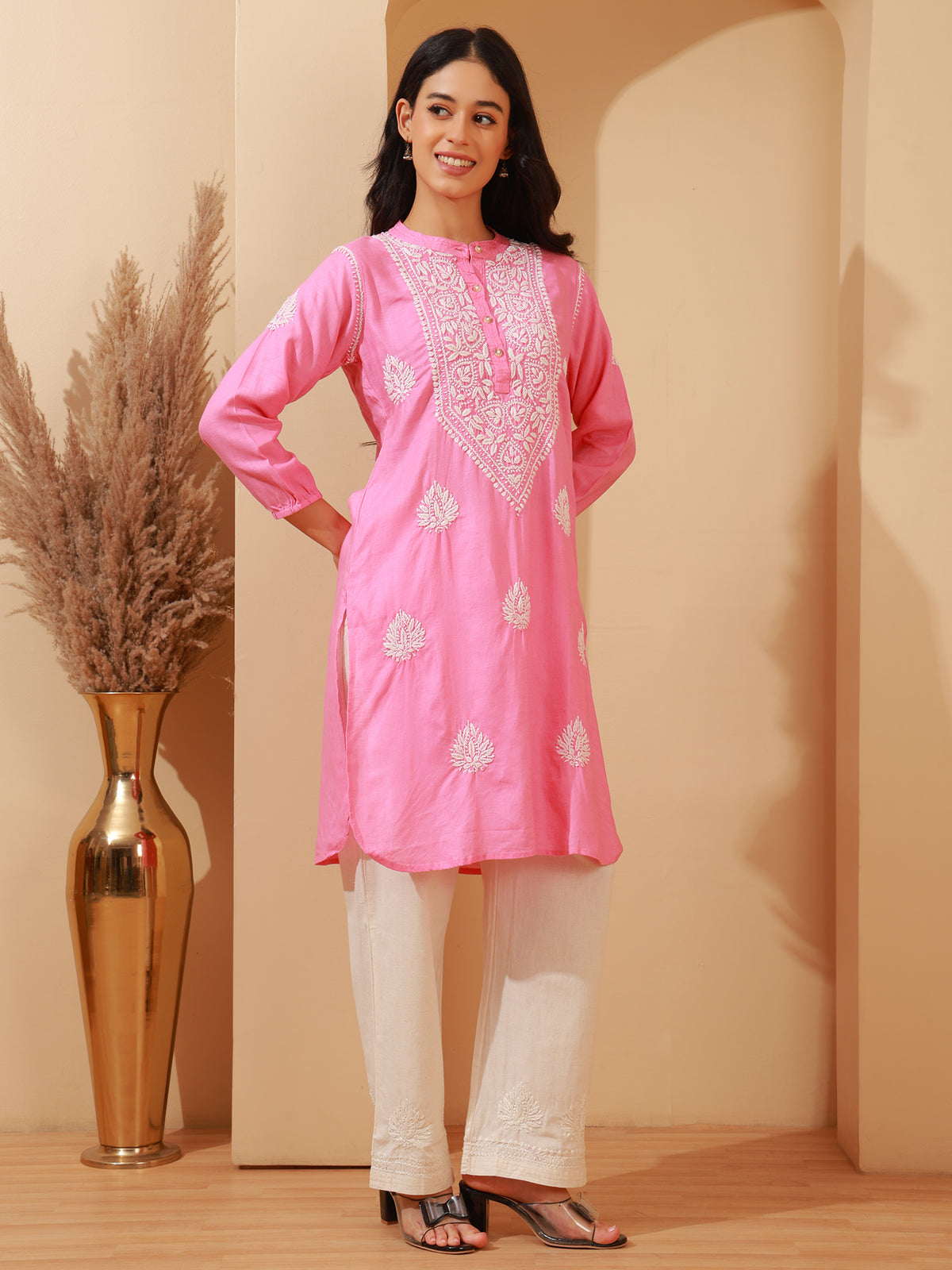 Nazaira Women's Linen Lucknow Chikankari Kurta Pant Set | Pink Hand Embroidered Long Kurta with White Pants with Pockets | Handmade Handwork Ethnic Wear for Women