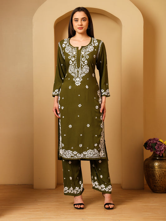 Nazaira Women’s Rayon 3D Work Lucknow Chikankari Kurta with Palazzo Set | Hand Embroidered Lucknawi Chickankari Kurti | Ethnic Wear for Women | Mehndi Green |