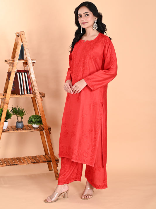 Red Chanderi Lucknowi Chikankari Kurta with Pajama Set for Women with Hand Embroidery – Long Ethnic Wear Suit Set