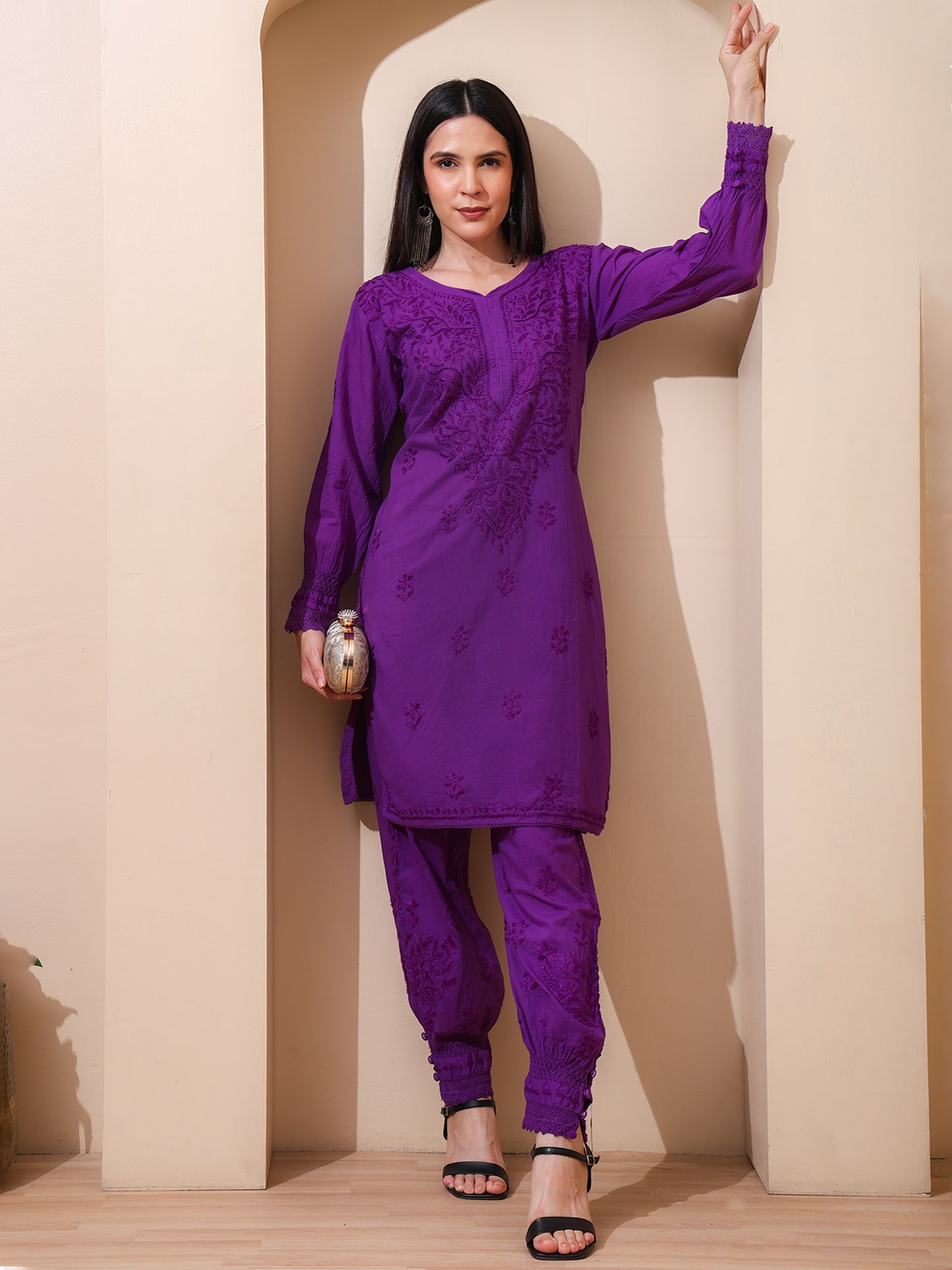Nazaira Women’s Cotton Chikankari Kurta Pant Set | Hand Embroidered Lucknowi Chikankari Afghani Set for Women | Ethnic Kurti Set with Bottom Wear | Purple