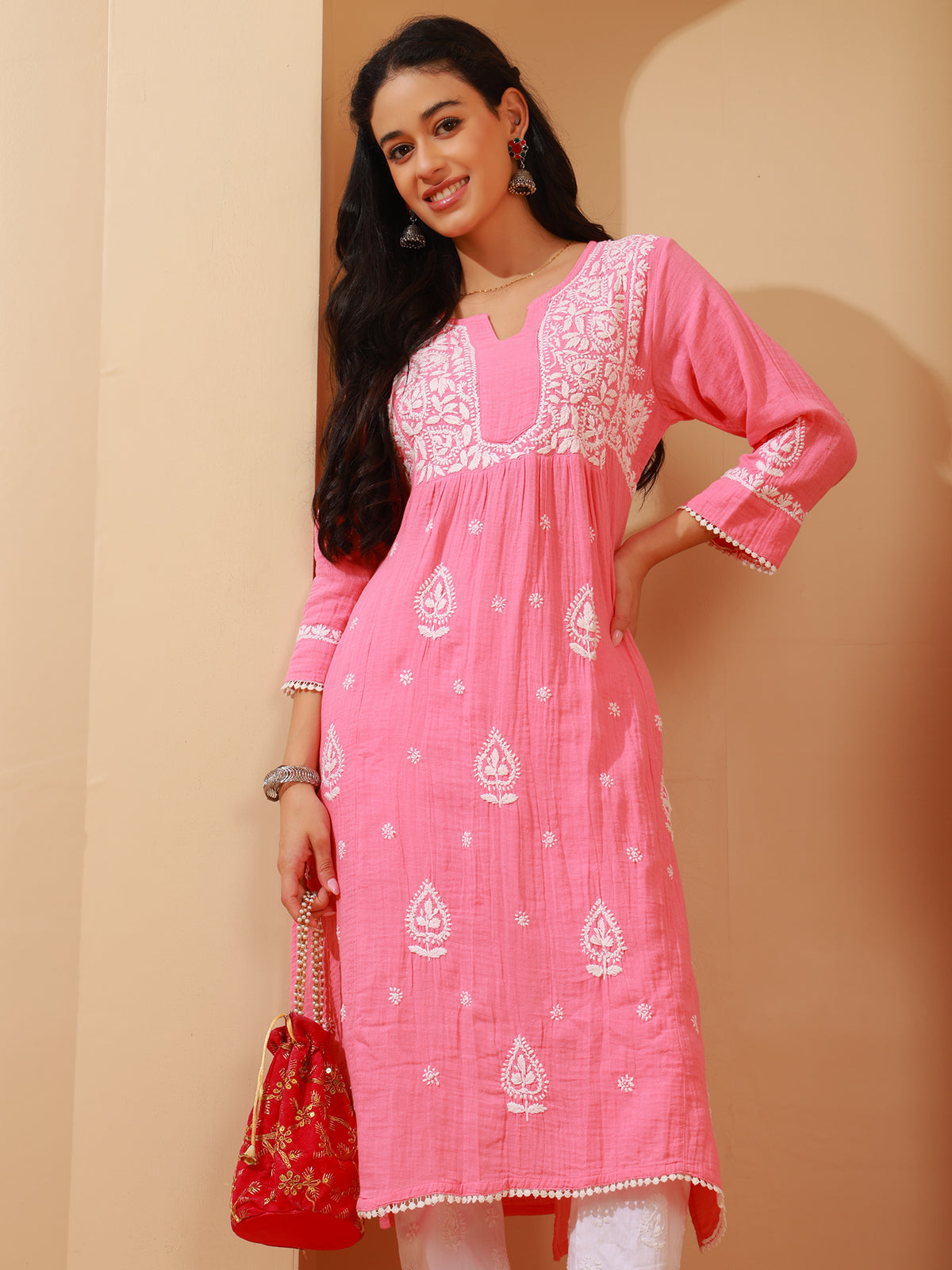 Nazaira Women's Pink Cotton Chikankari Kurta | Lucknowi Hand Embroidered Long Kurti with Pockets | Double Gauze Cotton Ethnic Wear | Modern Traditional Handwork Kurta