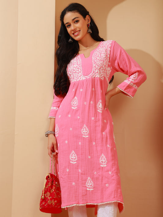 Nazaira Women's Pink Cotton Chikankari Kurta | Lucknowi Hand Embroidered Long Kurti with Pockets | Double Gauze Cotton Ethnic Wear | Modern Traditional Handwork Kurta