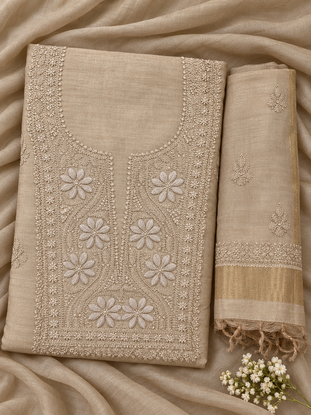 NAZAIRA Women's Tan Silk Chanderi Unstitched 2-Piece Suit (Kurta Fabric & Dupatta) | Hand Embroidered Lucknow Chikankari | Glass Gala Neck Work, All-Over Buti | Wedding & Festive