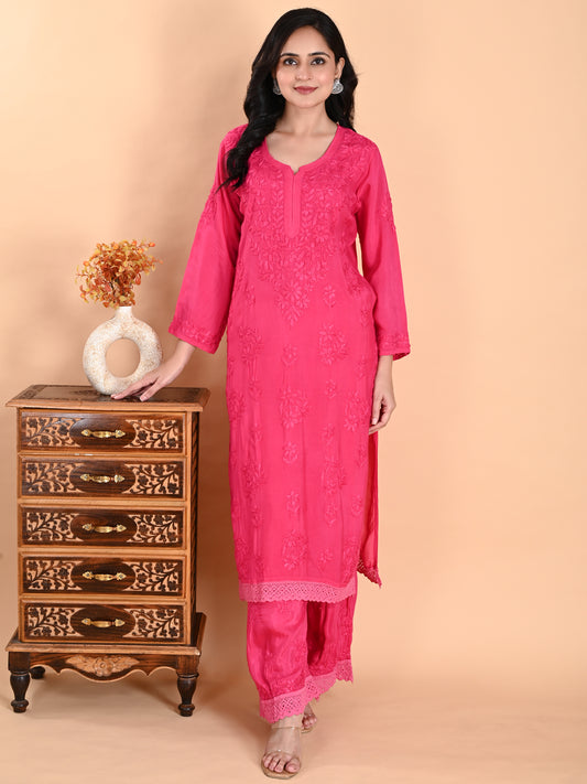 Magenta Muslin Lucknowi Chikankari Kurta with Palazzo Set for Women with Hand Embroidery – Long Ethnic Wear Suit Set