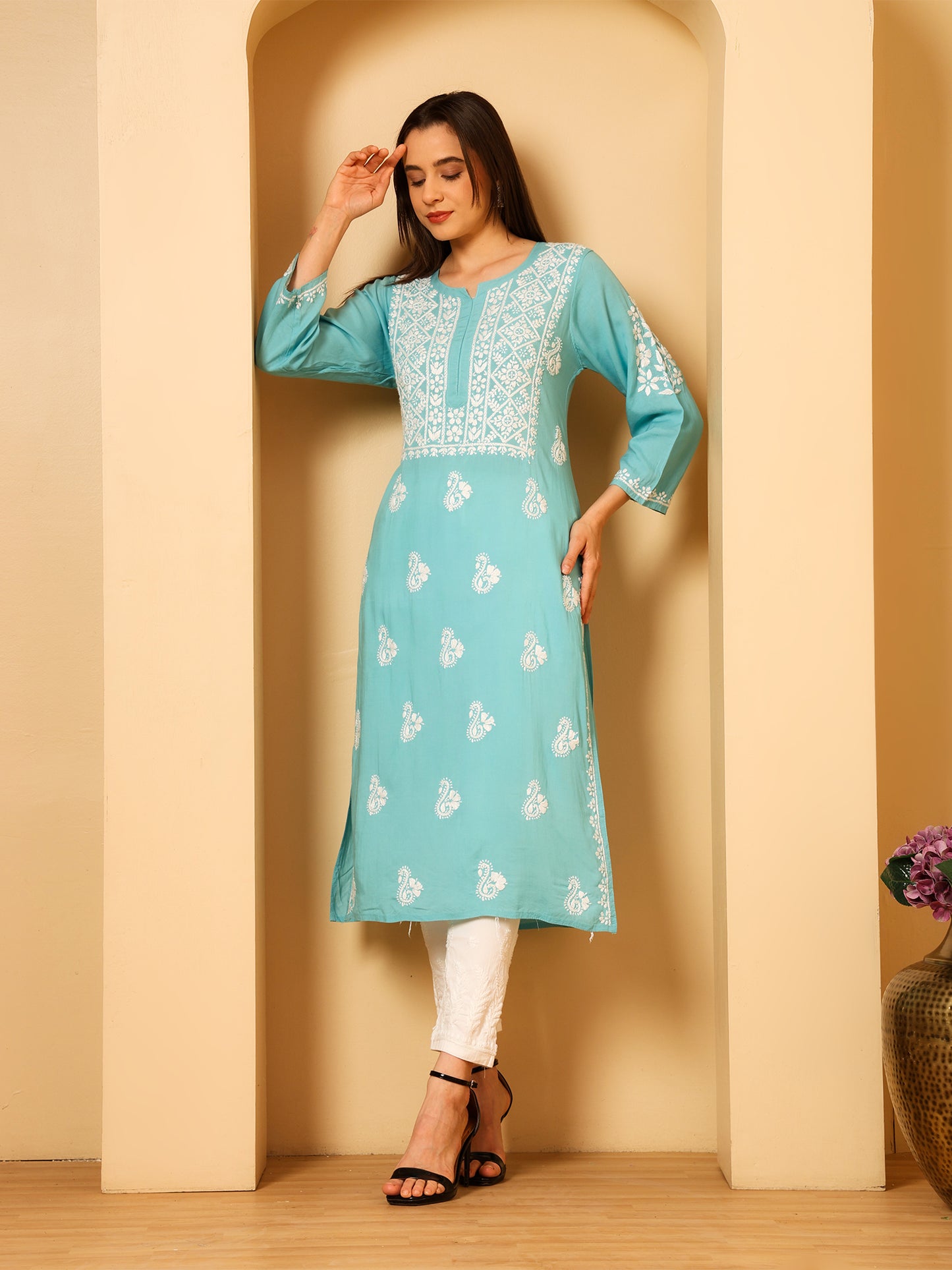 Nazaira Women’s Modal Chikankari Kurta Sea Green | Hand Embroidered Lucknowi Chikankari Kurti | Ethnic Wear Long Kurta for Women | Lightweight Breathable Daily & Festive Wear